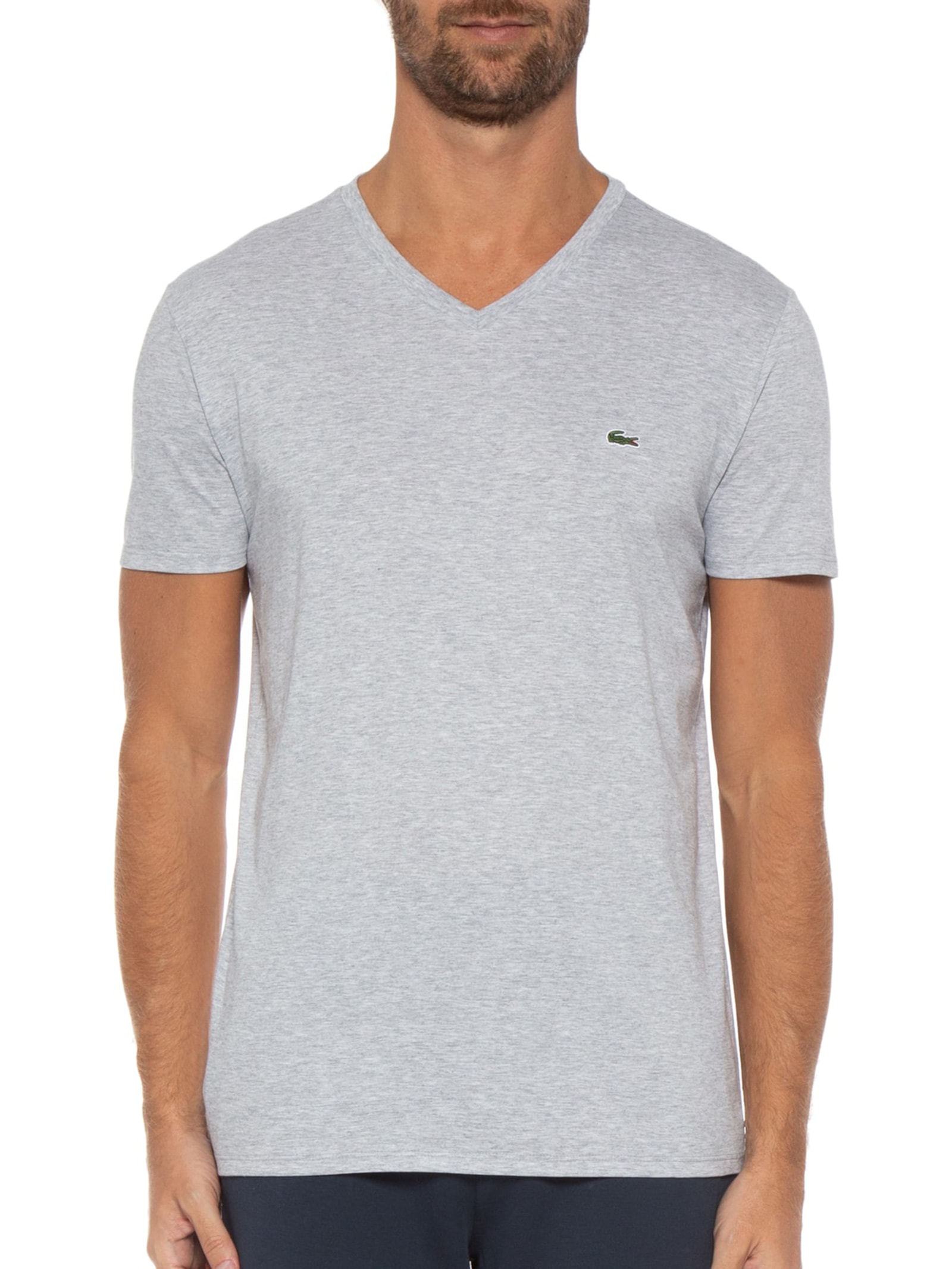 Camiseta Masculina Regular Fit Gola V Em Algodão Pima Cinza Lacoste