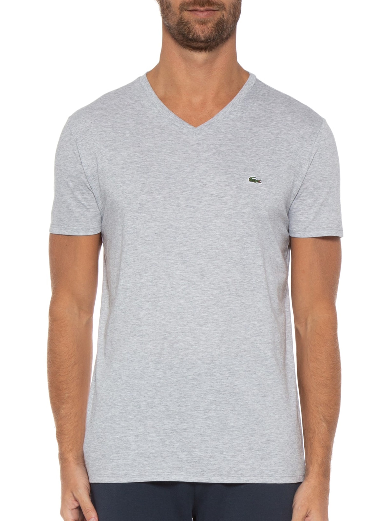 Camiseta Masculina Regular Fit Gola V Em Algodão Pima Cinza Lacoste