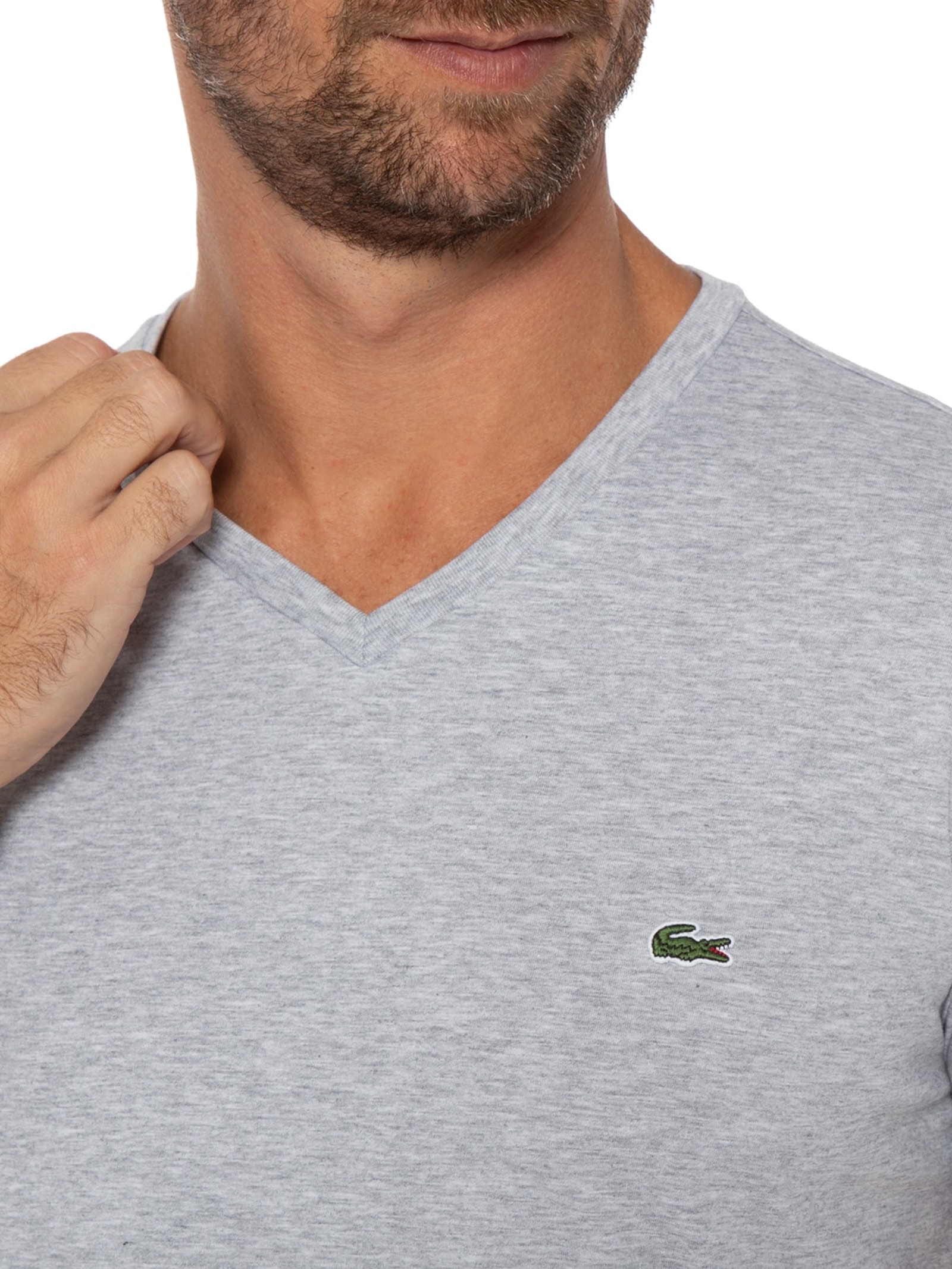 Camiseta Masculina Regular Fit Gola V Em Algodão Pima Cinza Lacoste