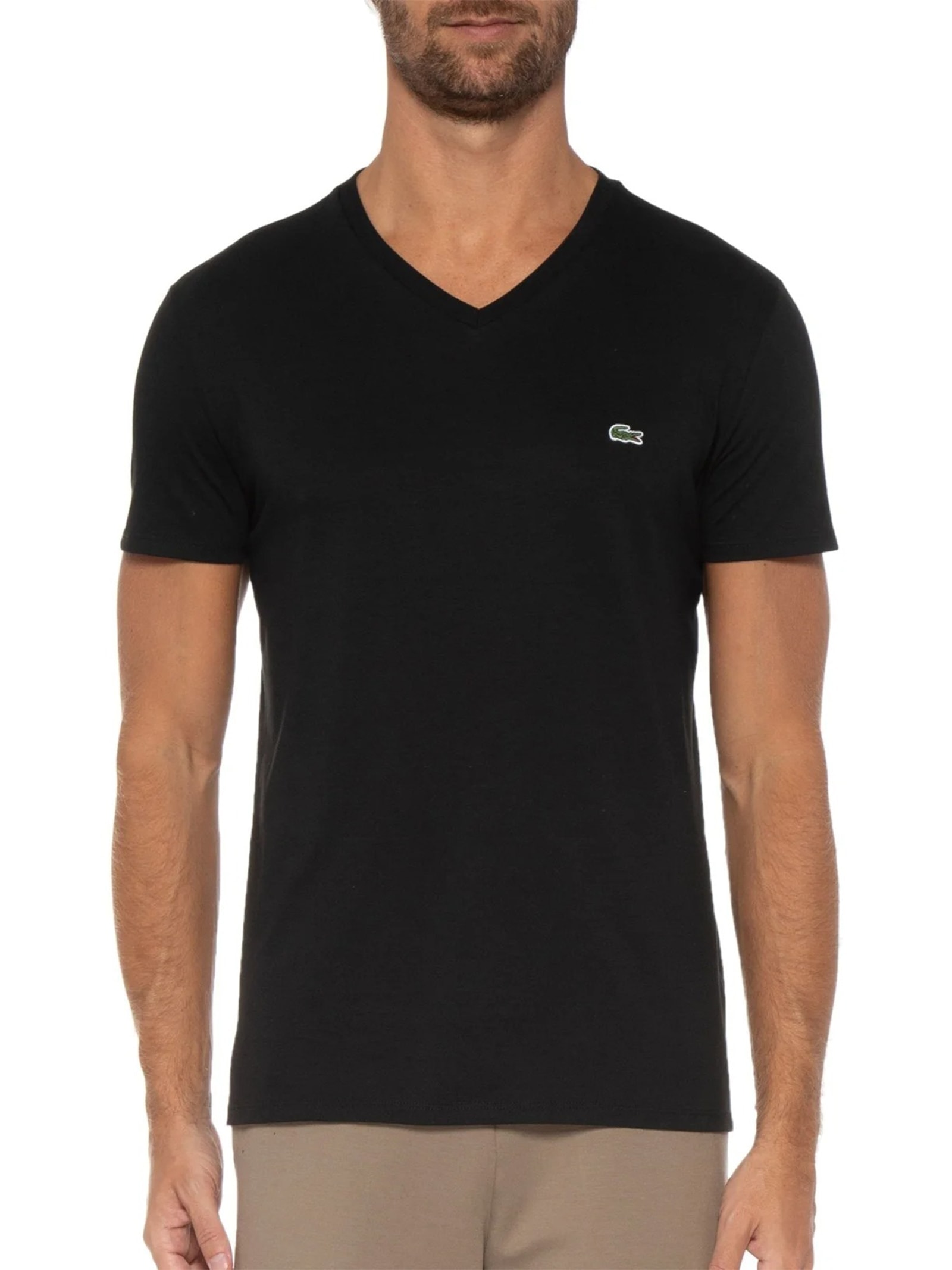 Camiseta Masculina Regular Fit Gola V Em Algodão Pima Preto Lacoste