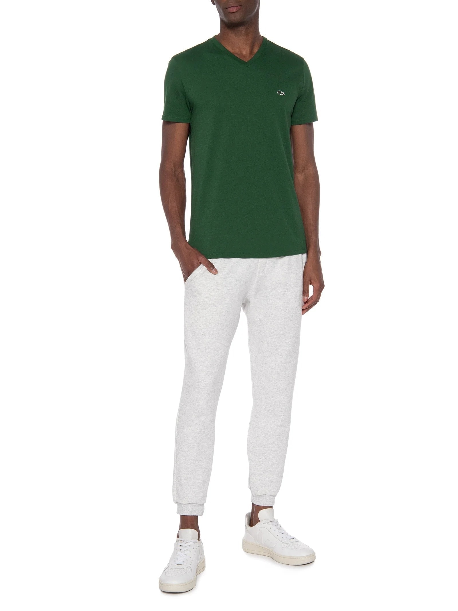Camiseta Masculina Regular Fit Gola V Em Algodão Pima Verde  Lacoste