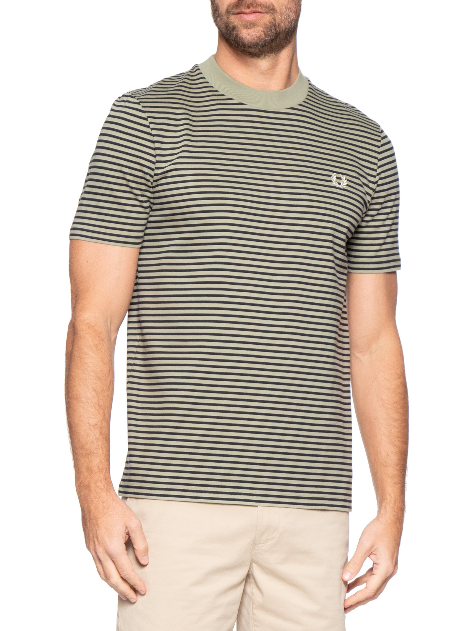 Camiseta Masculina Regular Fit Heavy Cotton Listras Finas Verde Fred Perry