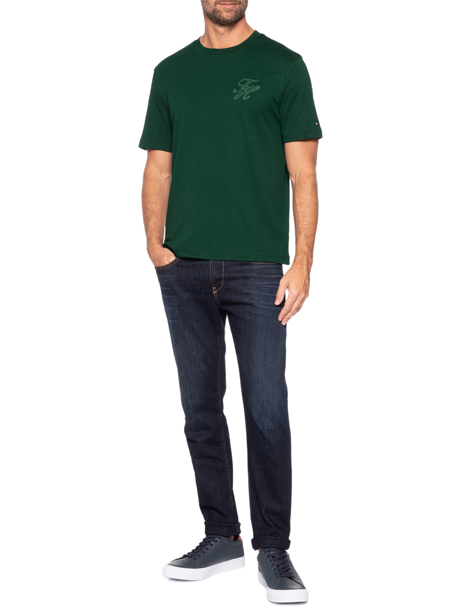 Camiseta Masculina Regular Fit Interlock Script Logo Verde Tommy Hilfiger