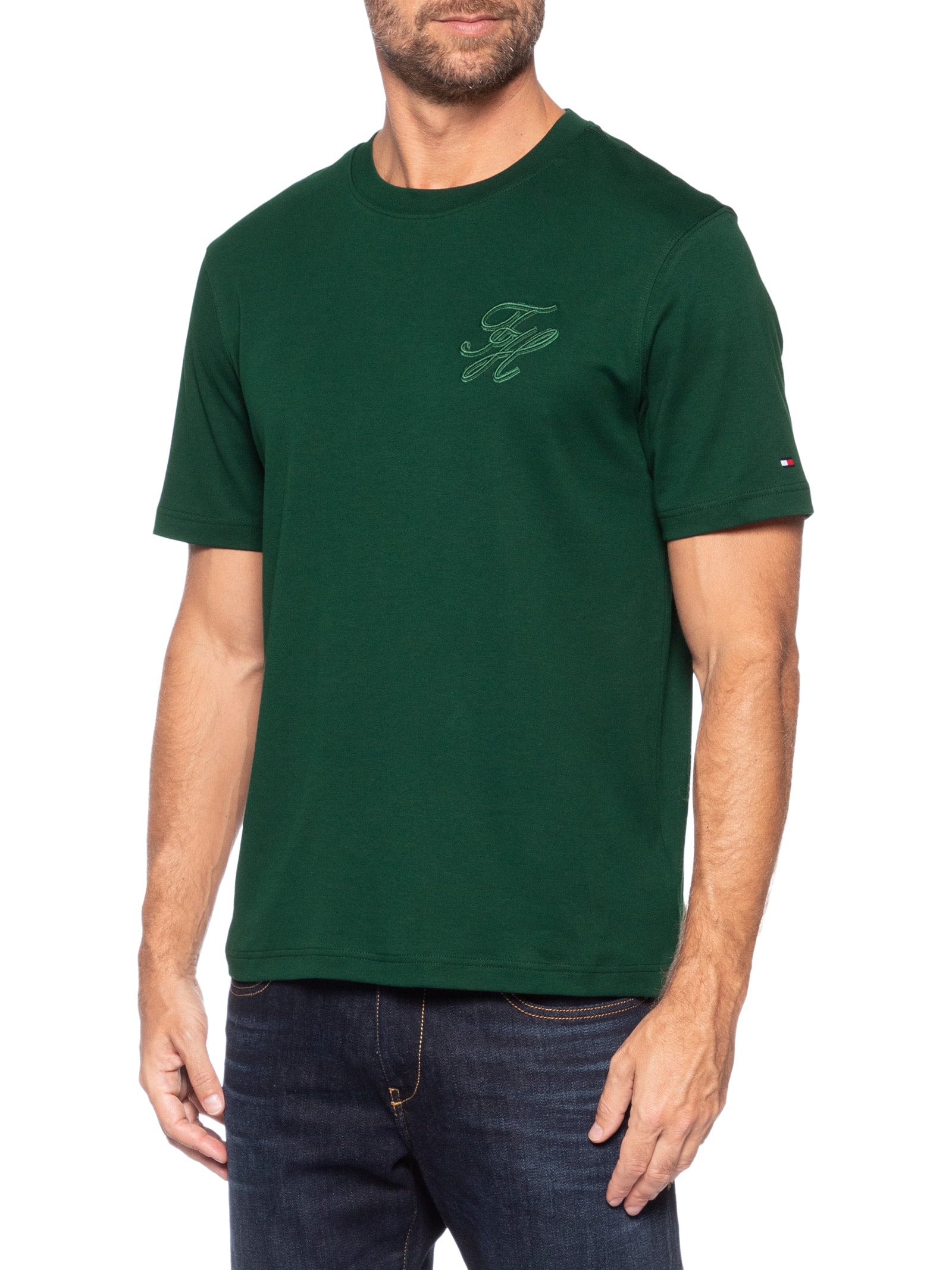 Camiseta Masculina Regular Fit Interlock Script Logo Verde Tommy Hilfiger