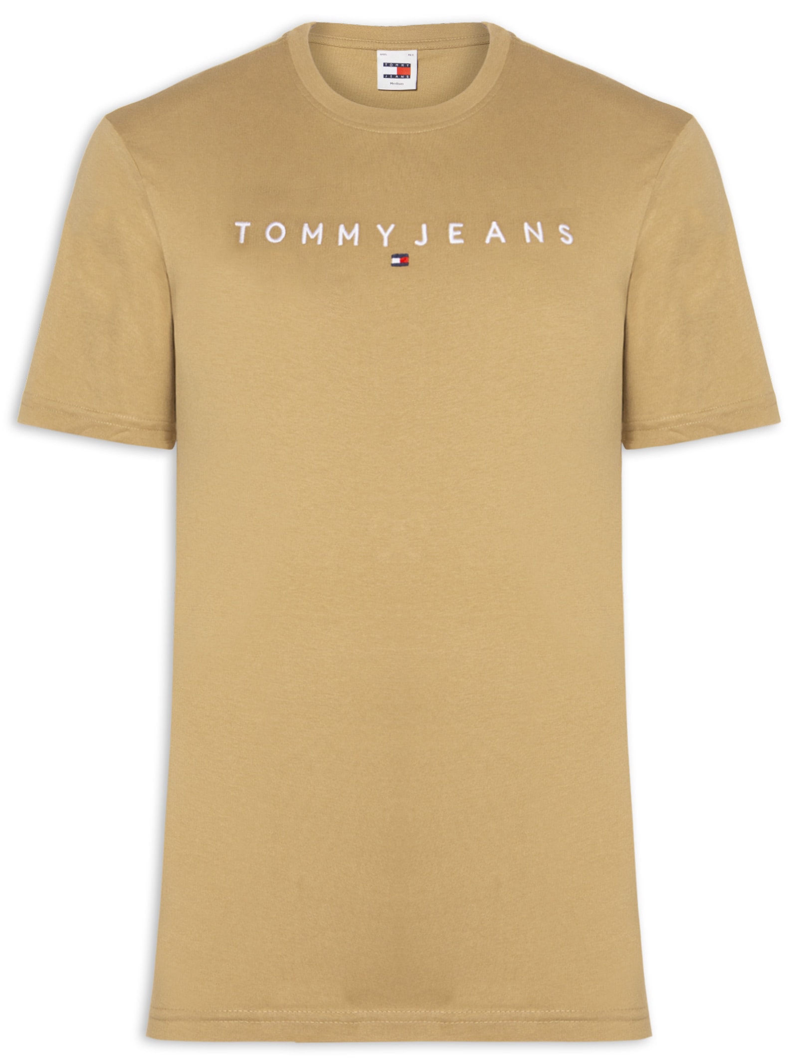 Camiseta Masculina Regular Fit Linear Logo Bordado Bege Tommy Jeans