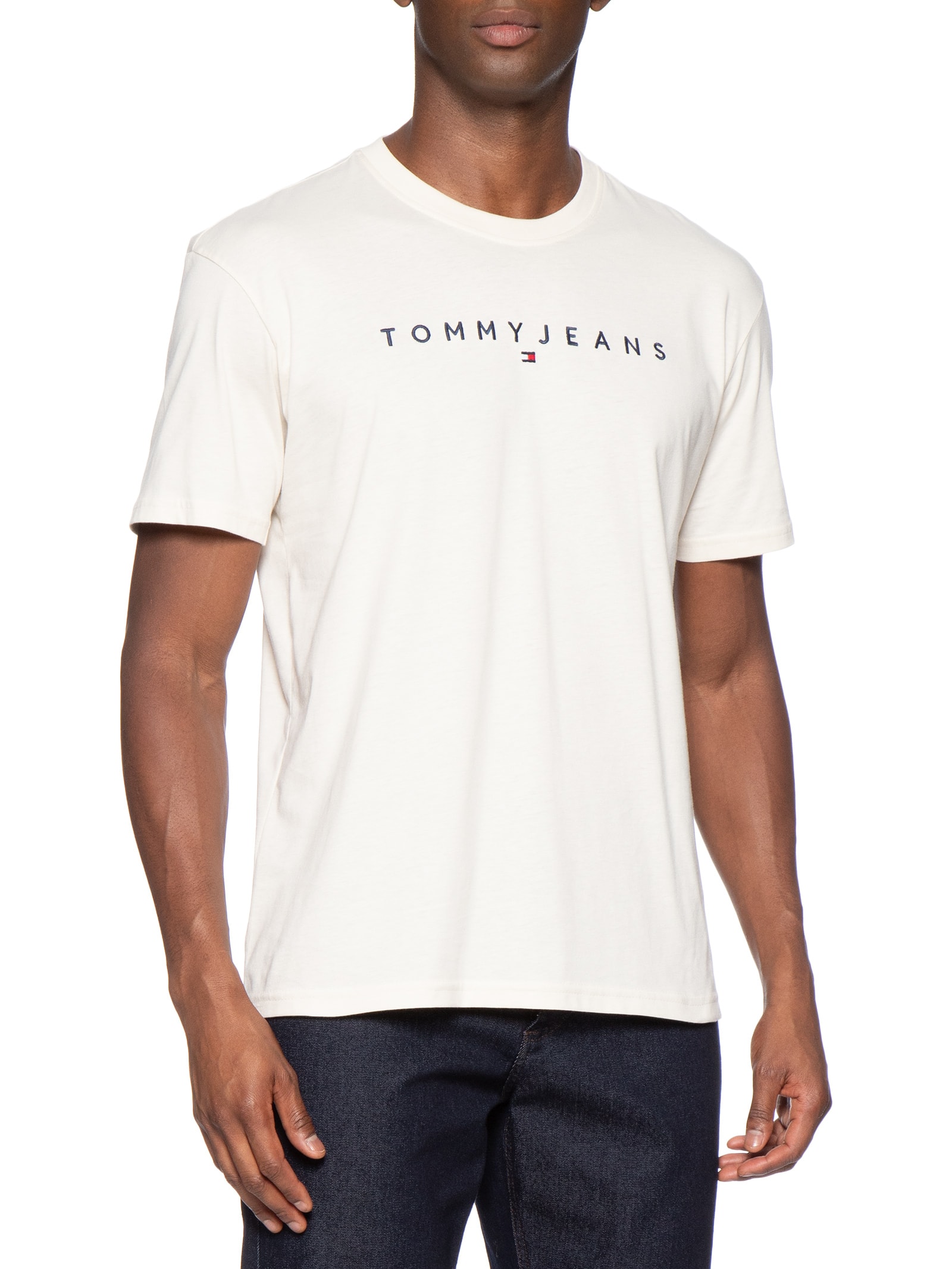 Camiseta Masculina Regular Fit Linear Logo Bordado Branco Tommy Jeans