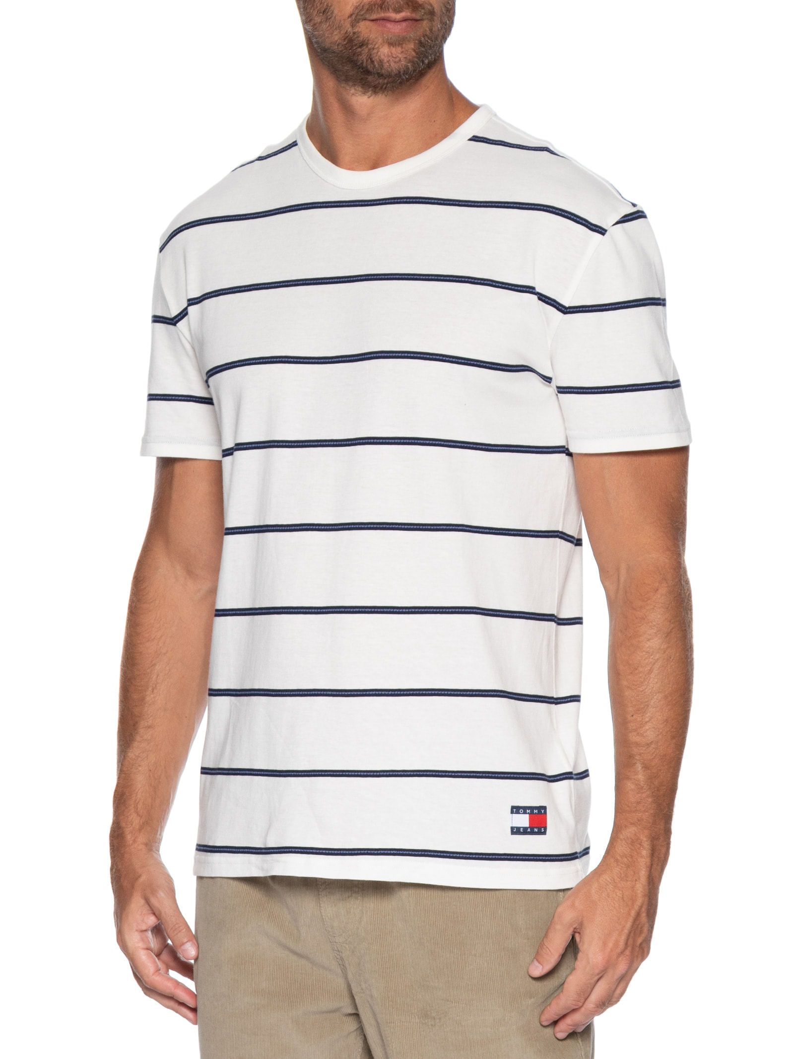 Camiseta Masculina Regular Fit Listrada Branco Tommy Jeans