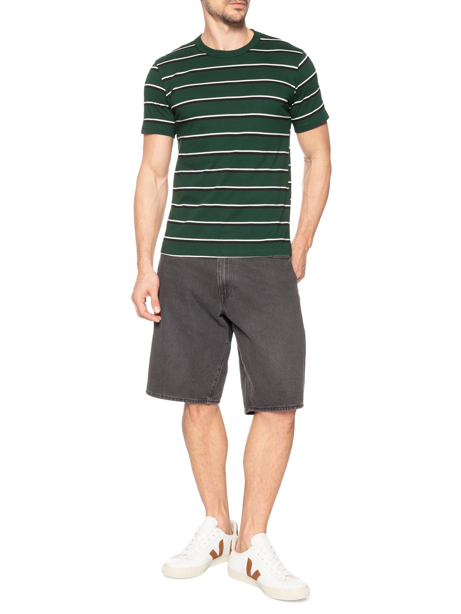 Camiseta Masculina Regular Fit Listrada Fio Tinto Verde Hering