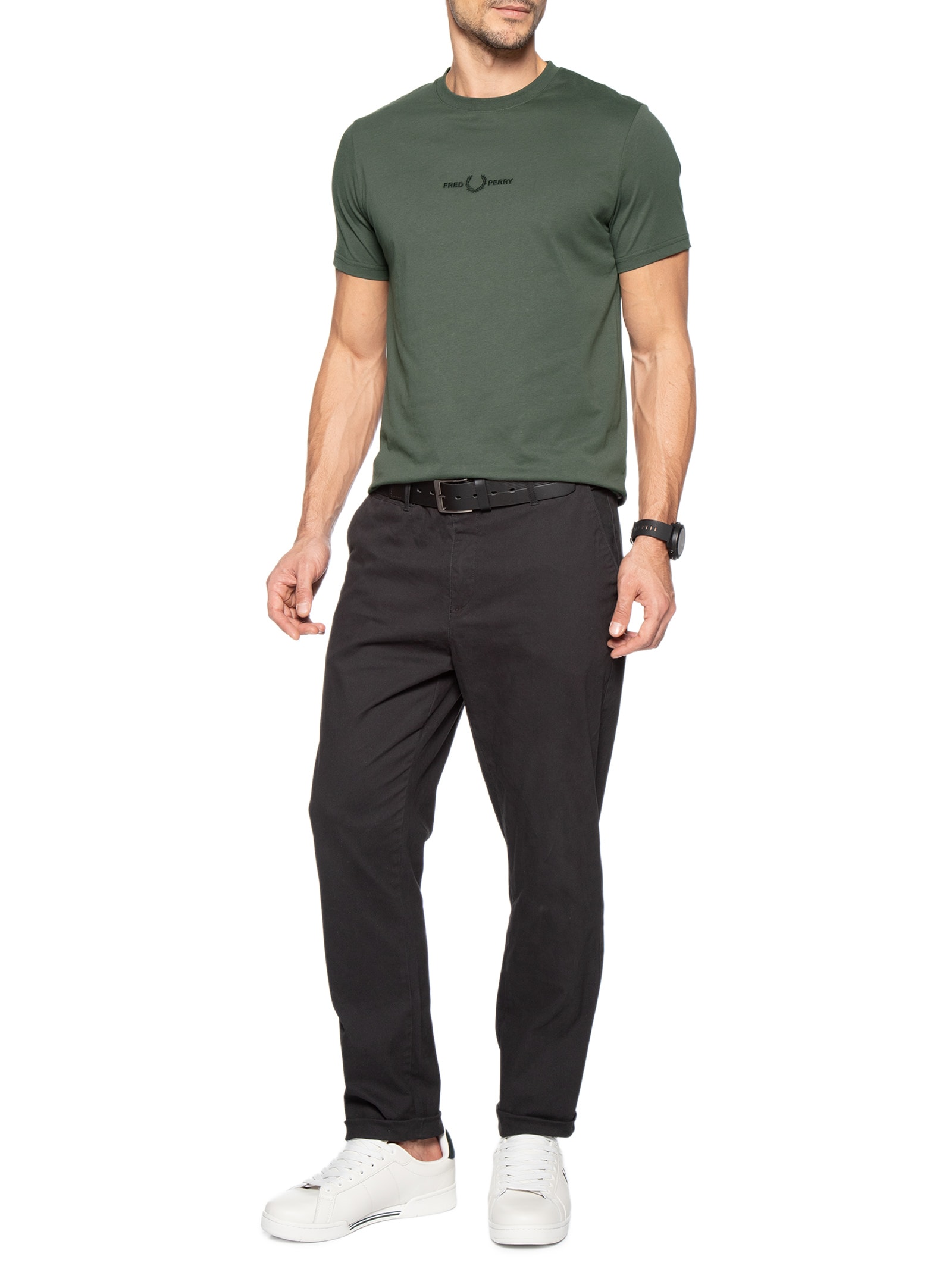 Camiseta Masculina Regular Fit Logo Bordado Em Algodão Verde Fred Perry