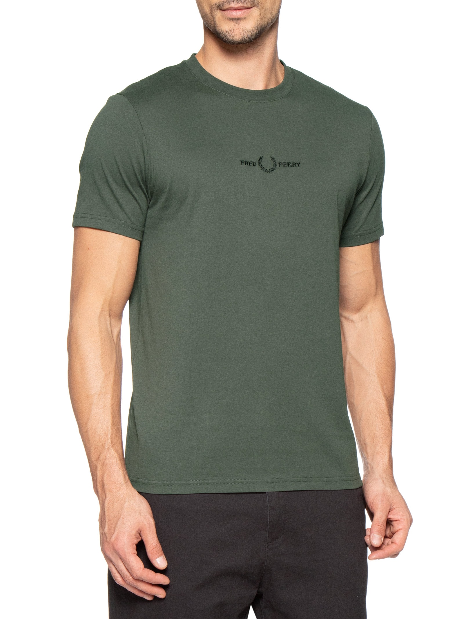 Camiseta Masculina Regular Fit Logo Bordado Em Algodão Verde Fred Perry