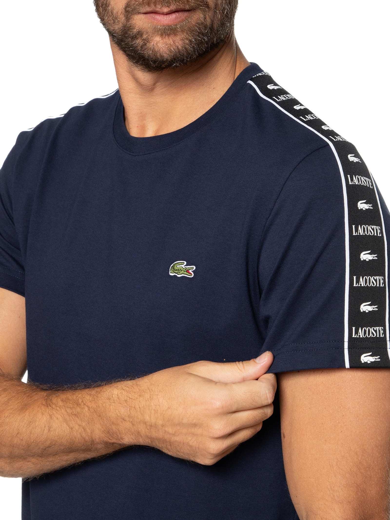 Lacoste Camiseta Masculina Regular Fit Logo Stripe Em Algodão Azul
