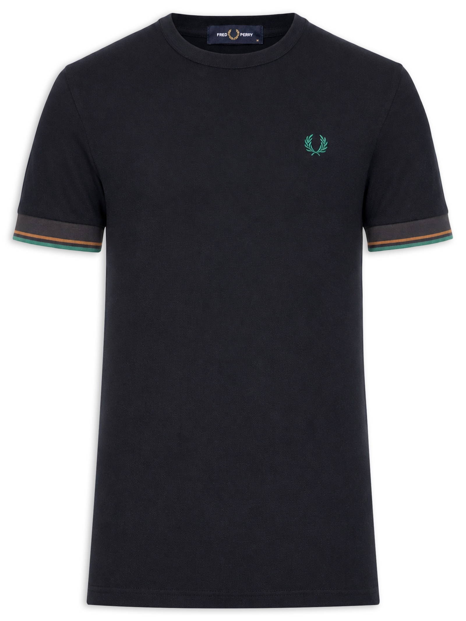 Camiseta Masculina Regular Fit Punho Friso Duplo Em Algodão Azul Fred Perry