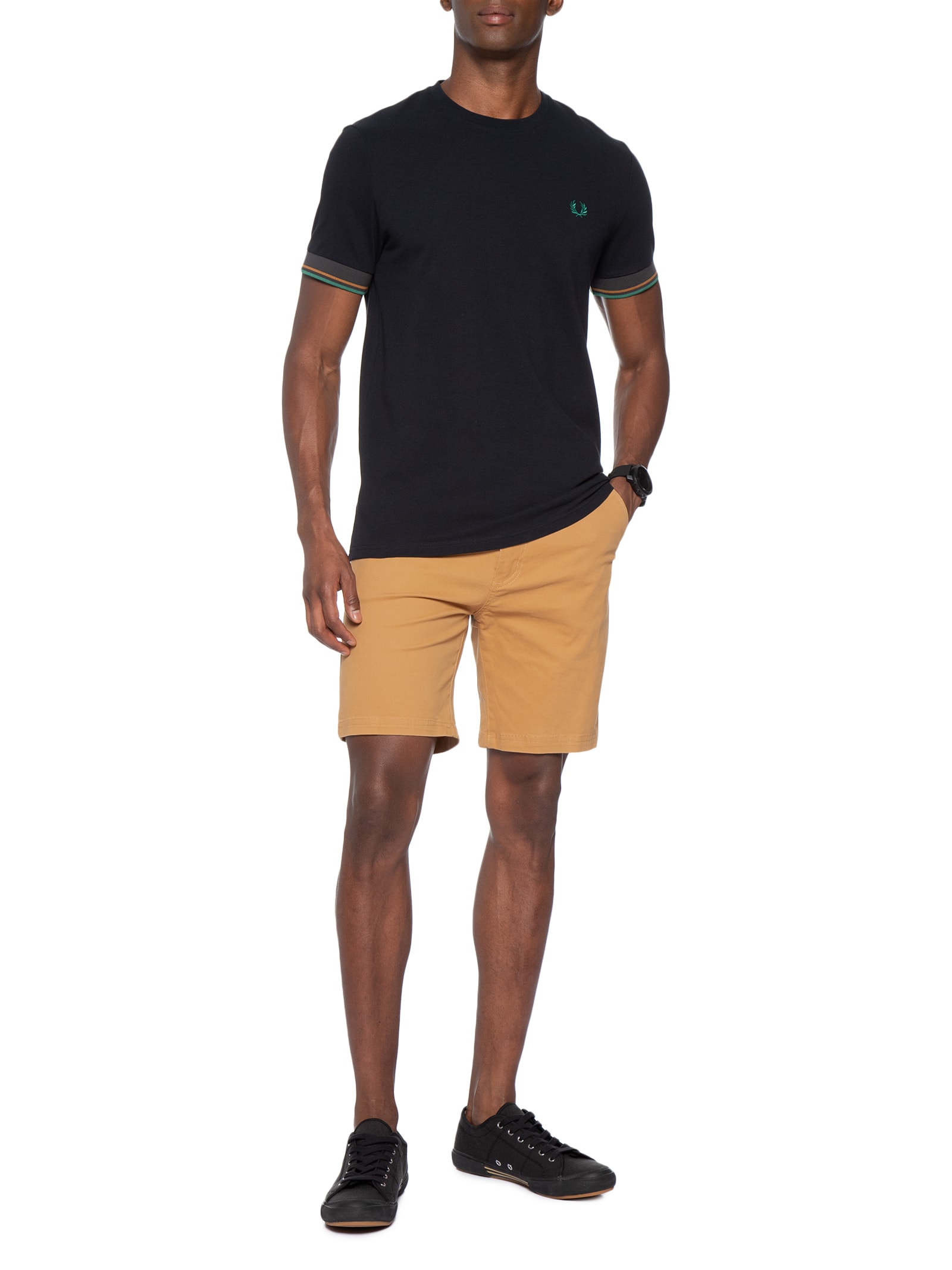 Camiseta Masculina Regular Fit Punho Friso Duplo Em Algodão Azul Fred Perry