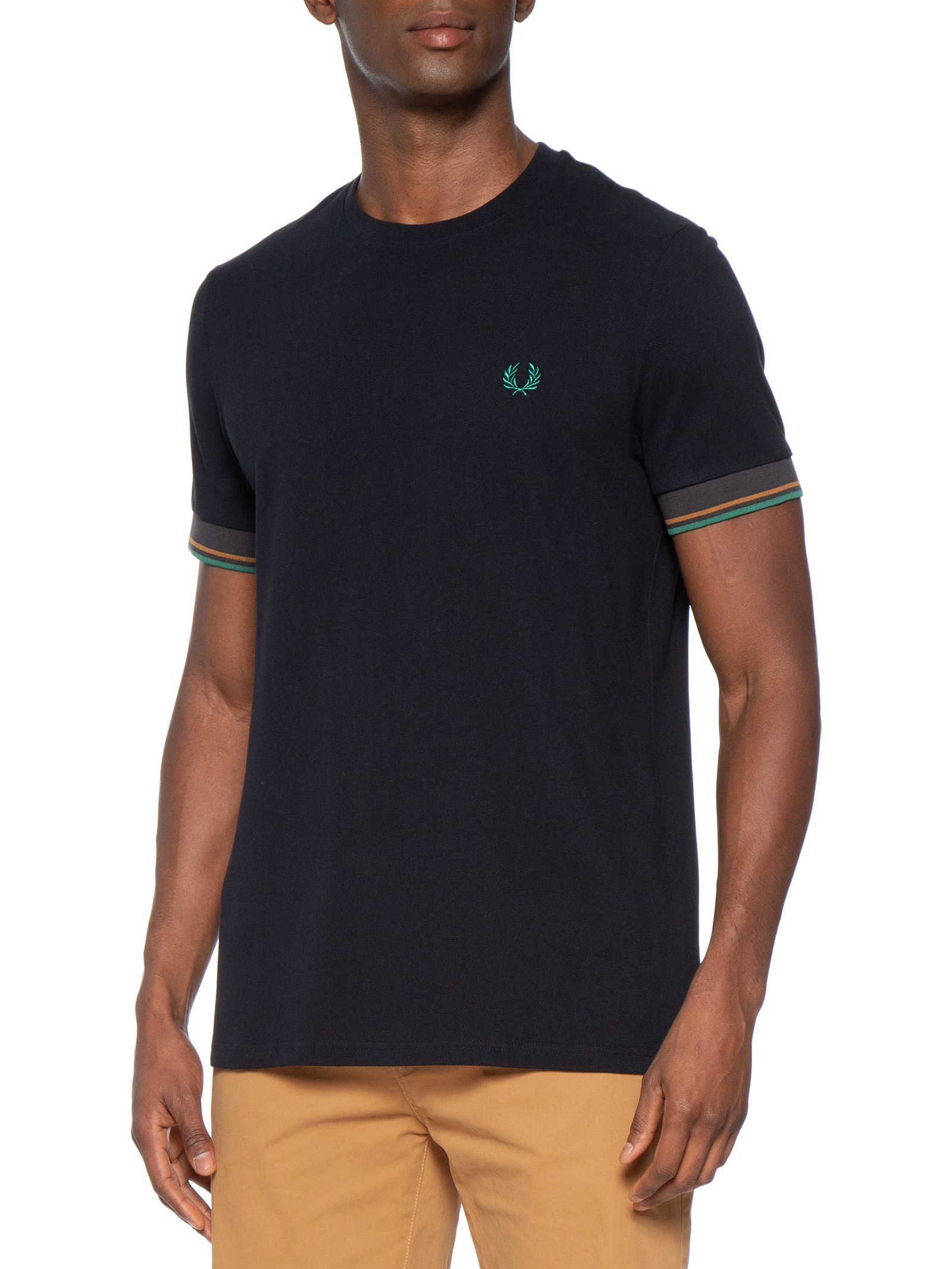 Camiseta Masculina Regular Fit Punho Friso Duplo Em Algodão Azul Fred Perry
