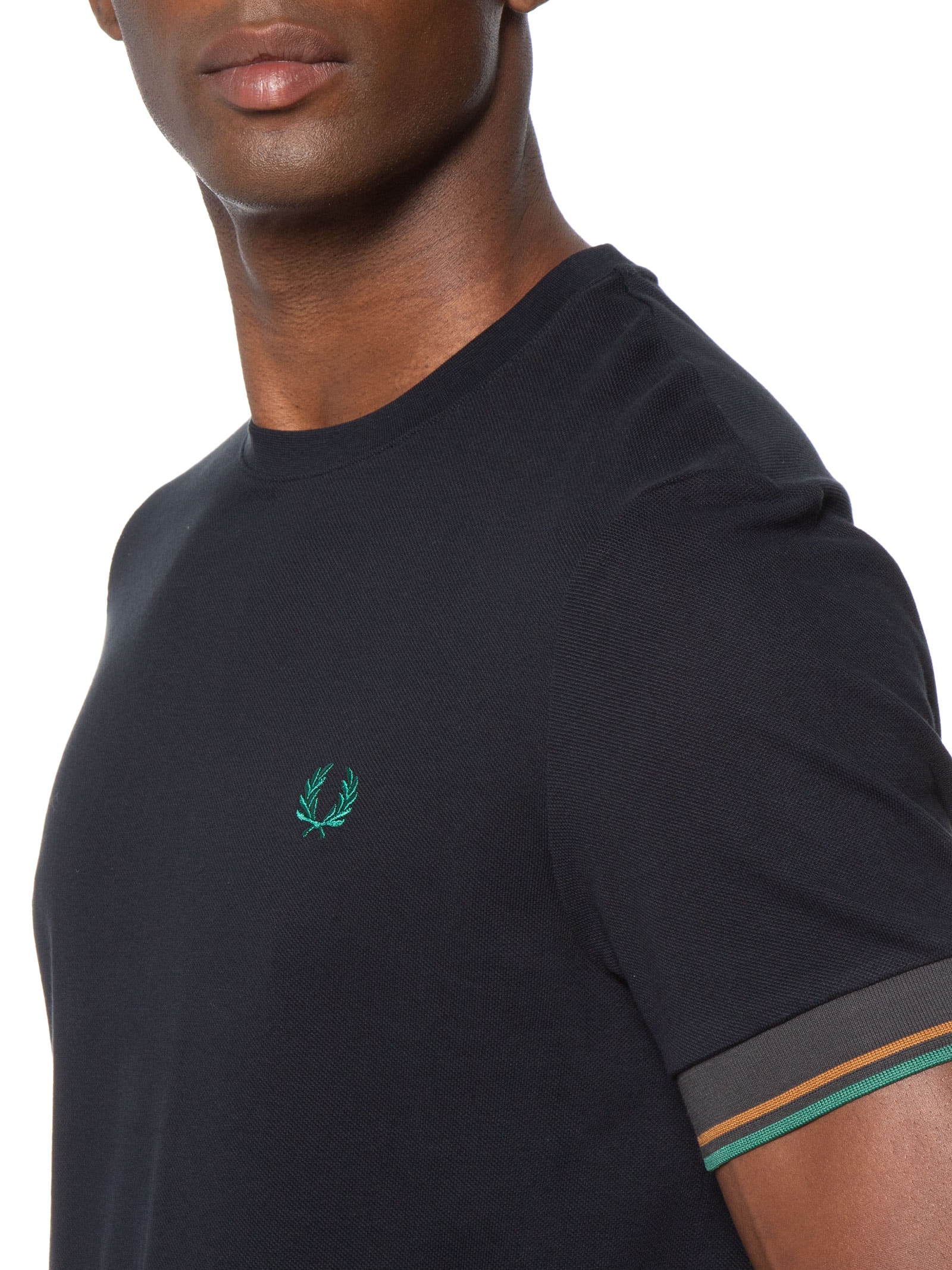 Camiseta Masculina Regular Fit Punho Friso Duplo Em Algodão Azul Fred Perry