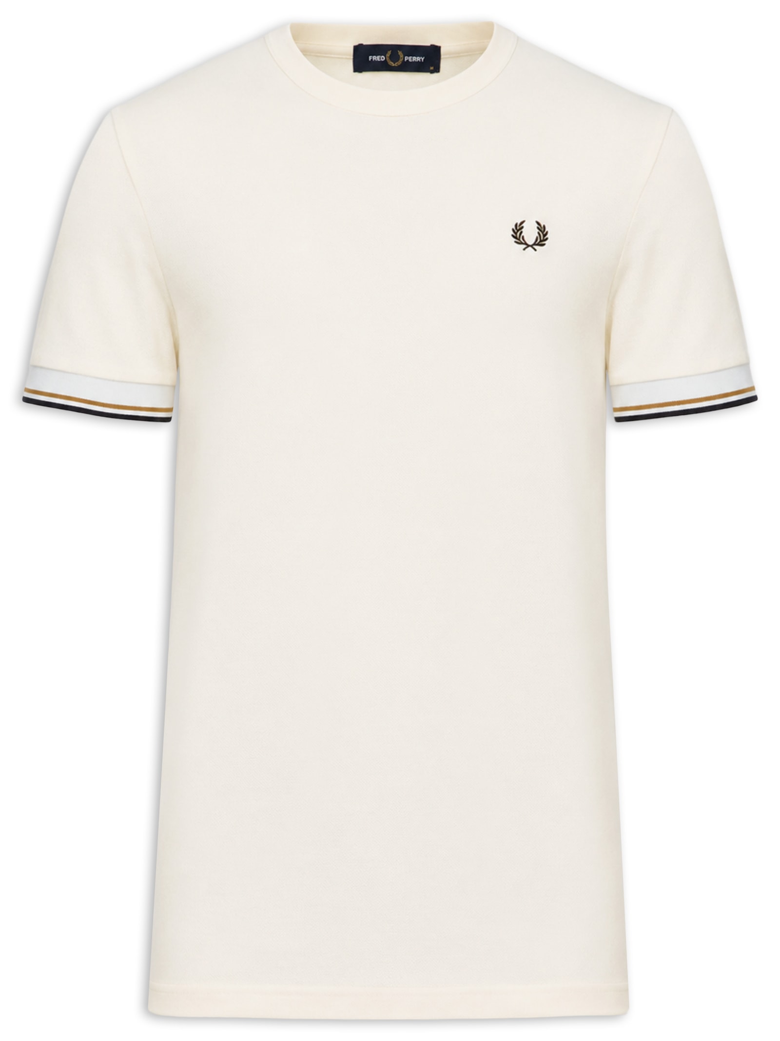 Camiseta Masculina Regular Fit Punho Friso Duplo Em Algodão Bege Fred Perry