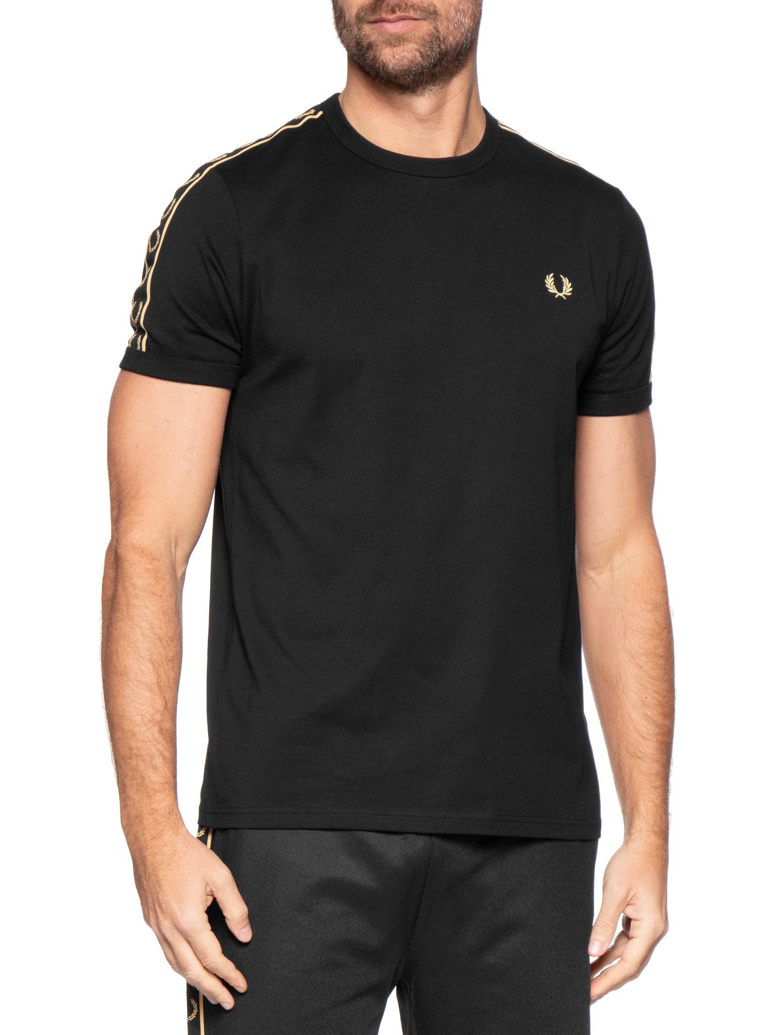 Camiseta Masculina Regular Fit Punho Twin Tipped Em Algodão Preto Fred Perry