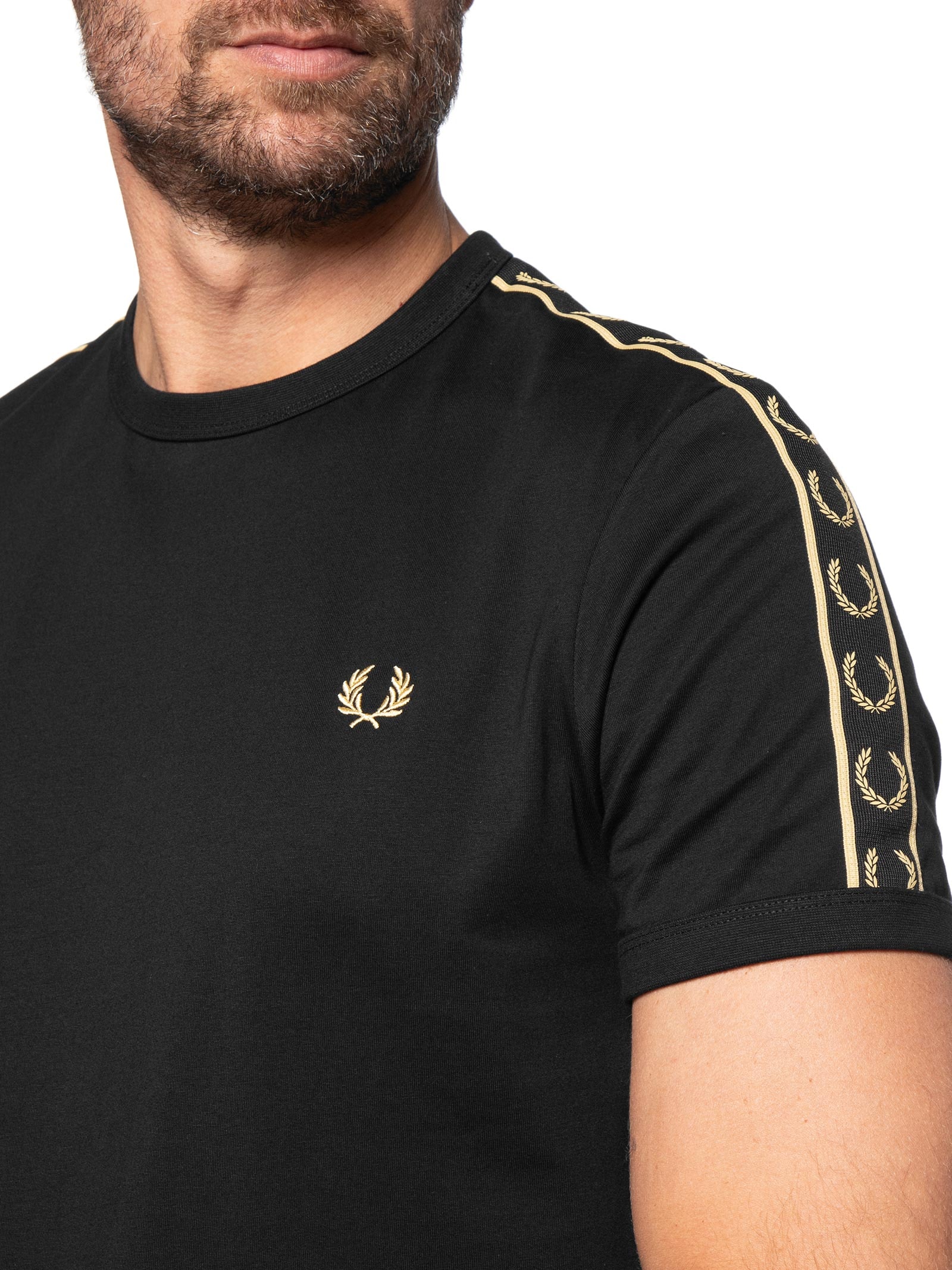 Camiseta Masculina Regular Fit Punho Twin Tipped Em Algodão Preto Fred Perry