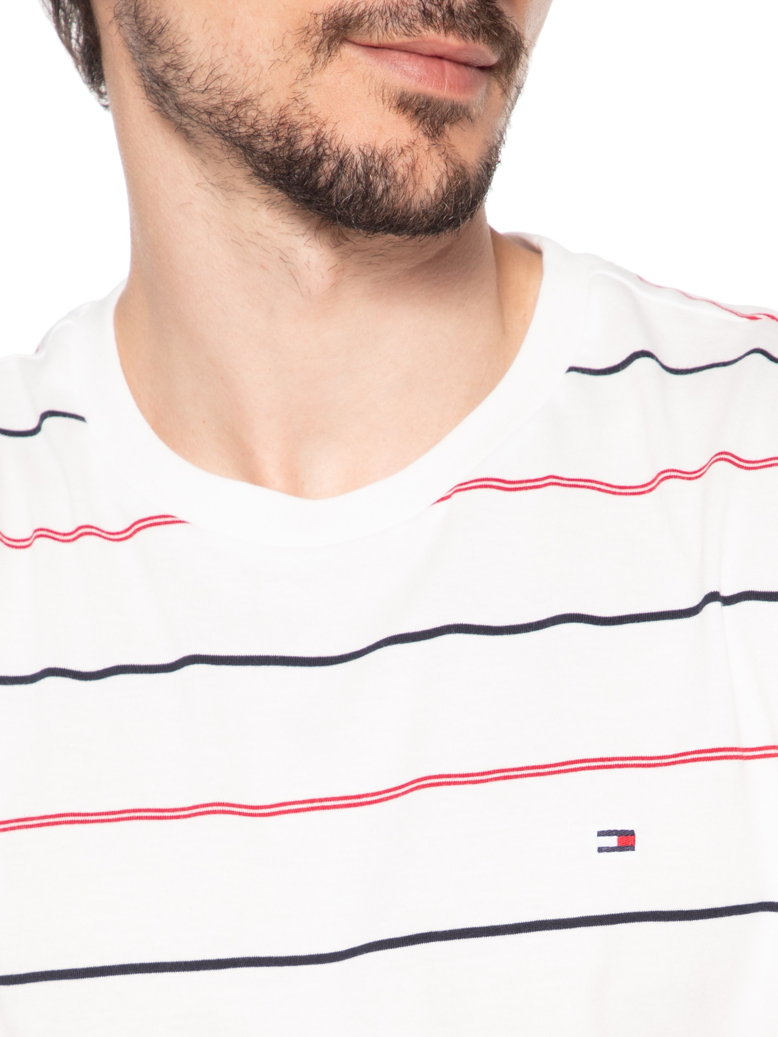 Camiseta Masculina Regular Fit Stripe Em Algodão Branco Tommy Hilfiger