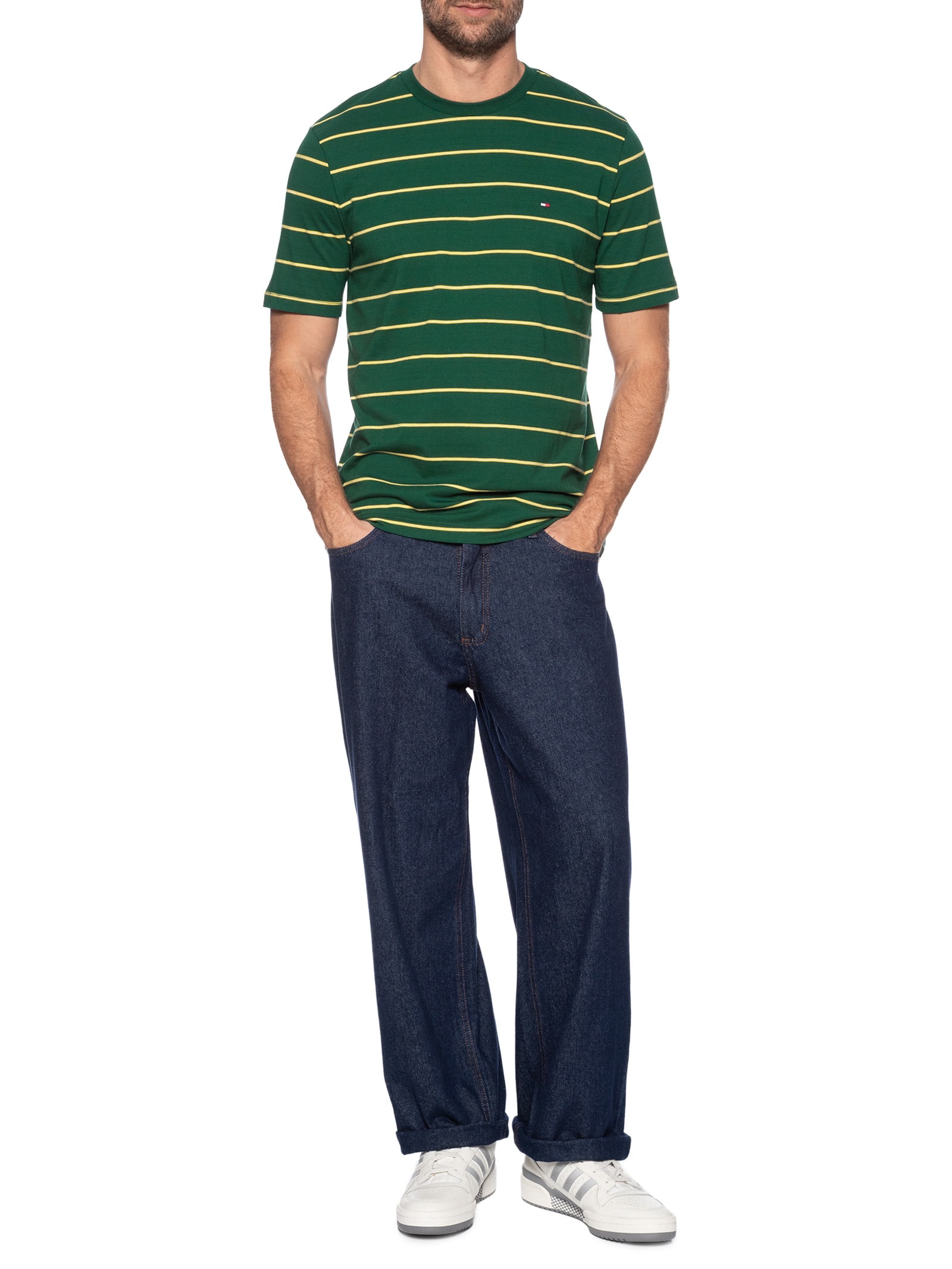 Camiseta Masculina Regular Fit Stripe Em Verde Tommy Hilfiger