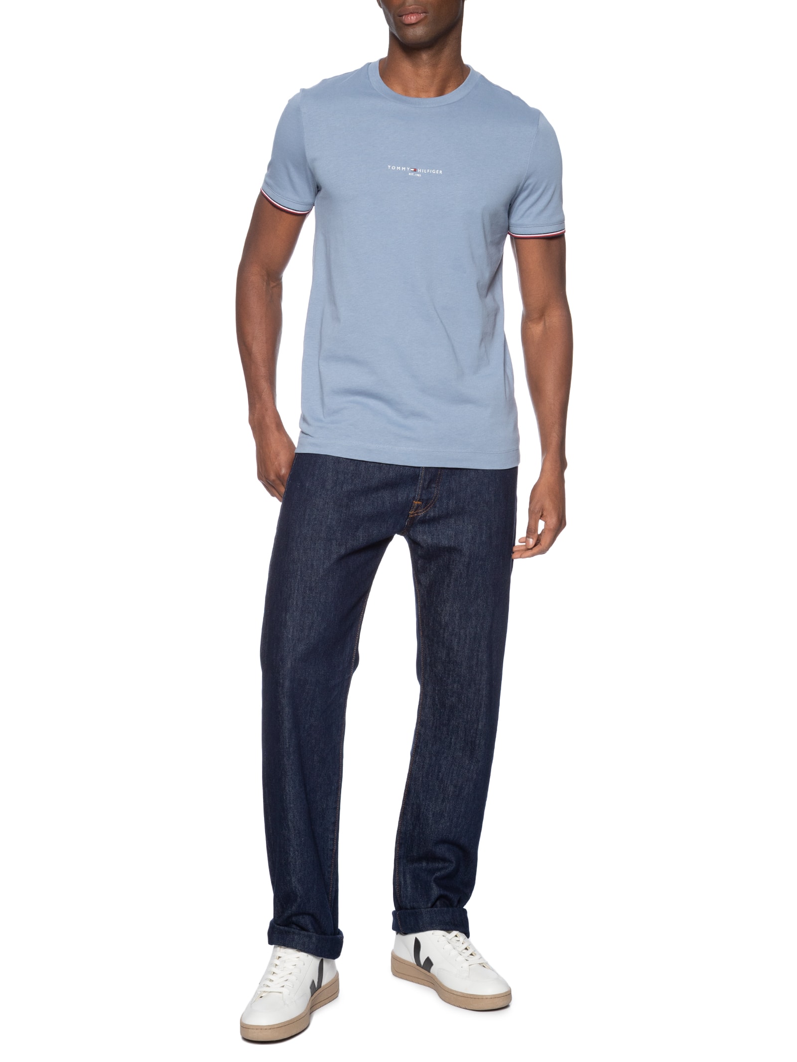 Camiseta Masculina Regular Fit Tipped Com Friso Azul Tommy Hilfiger