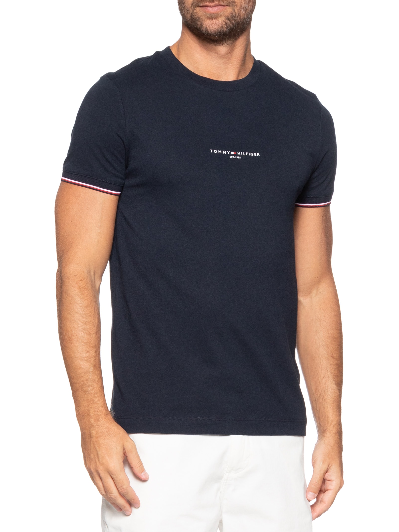 Camiseta Masculina Regular Fit Tipped Com Friso Azul Tommy Hilfiger