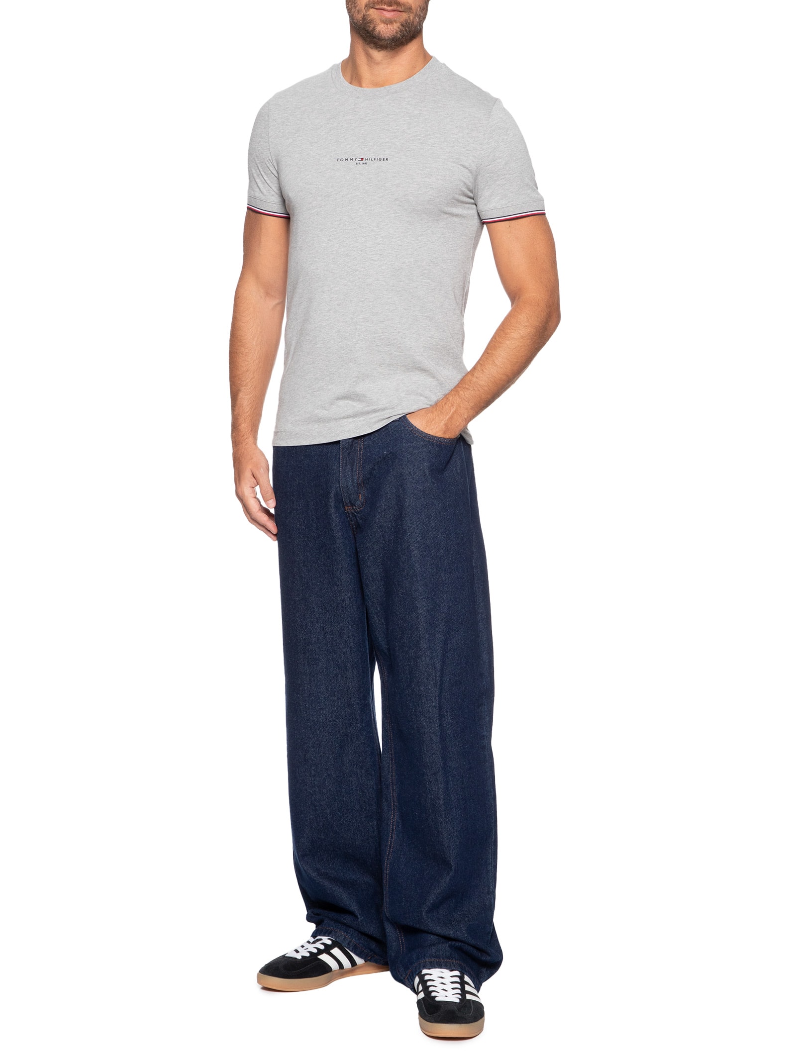 Camiseta Masculina Regular Fit Tipped Com Friso Cinza Tommy Hilfiger