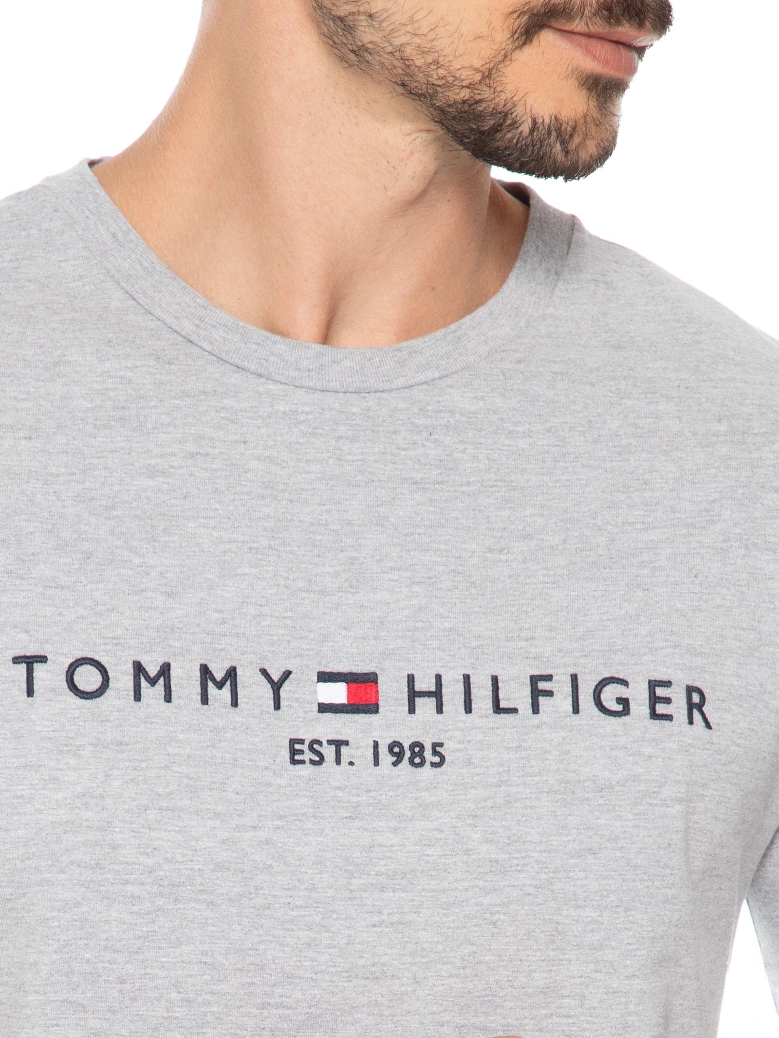 Camiseta Masculina Regular Gola Careca Com Logo Cinza Tommy Hilfiger