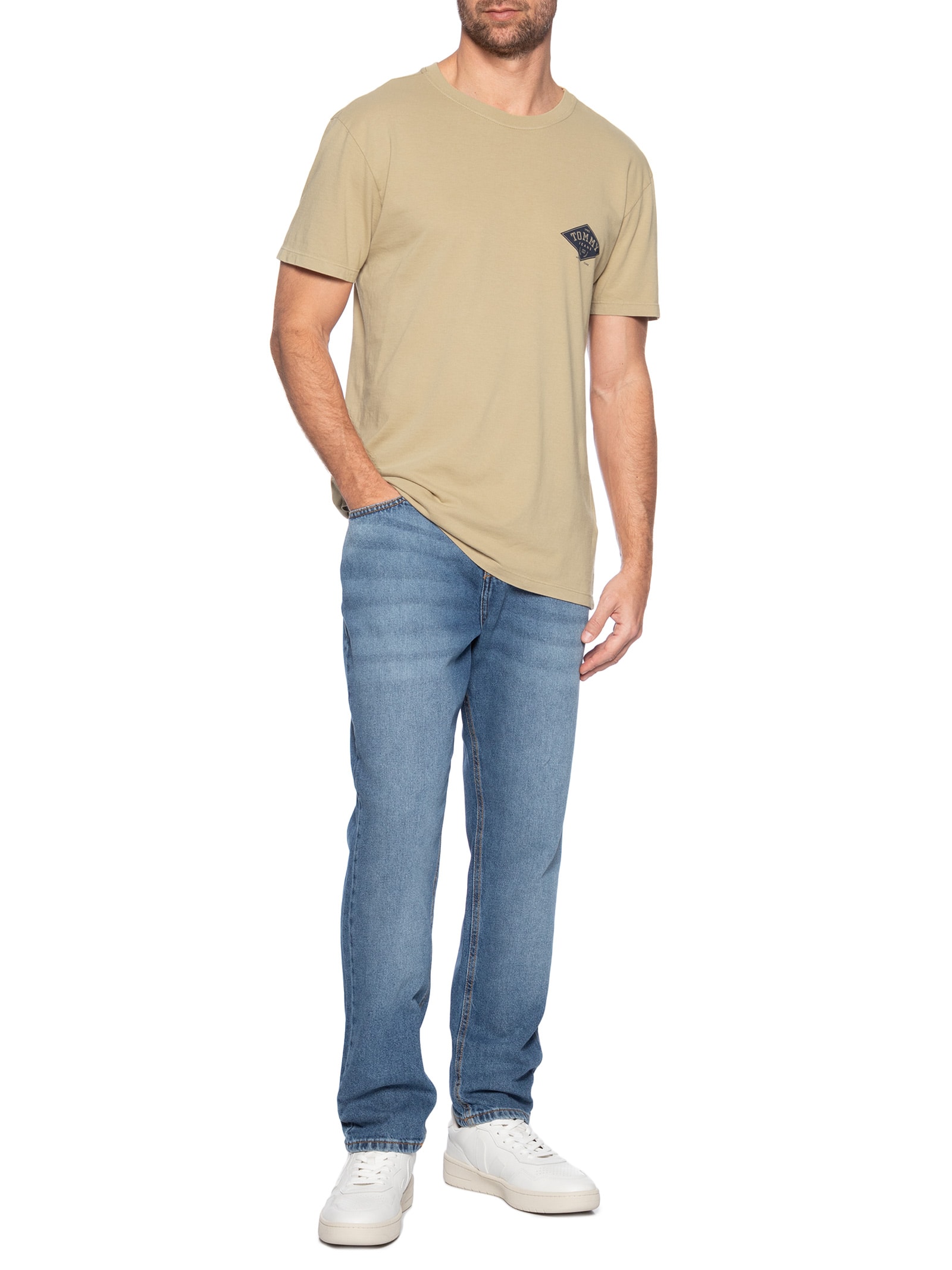 Camiseta Masculina Relaxed Fit Varsity Bege Tommy Jeans