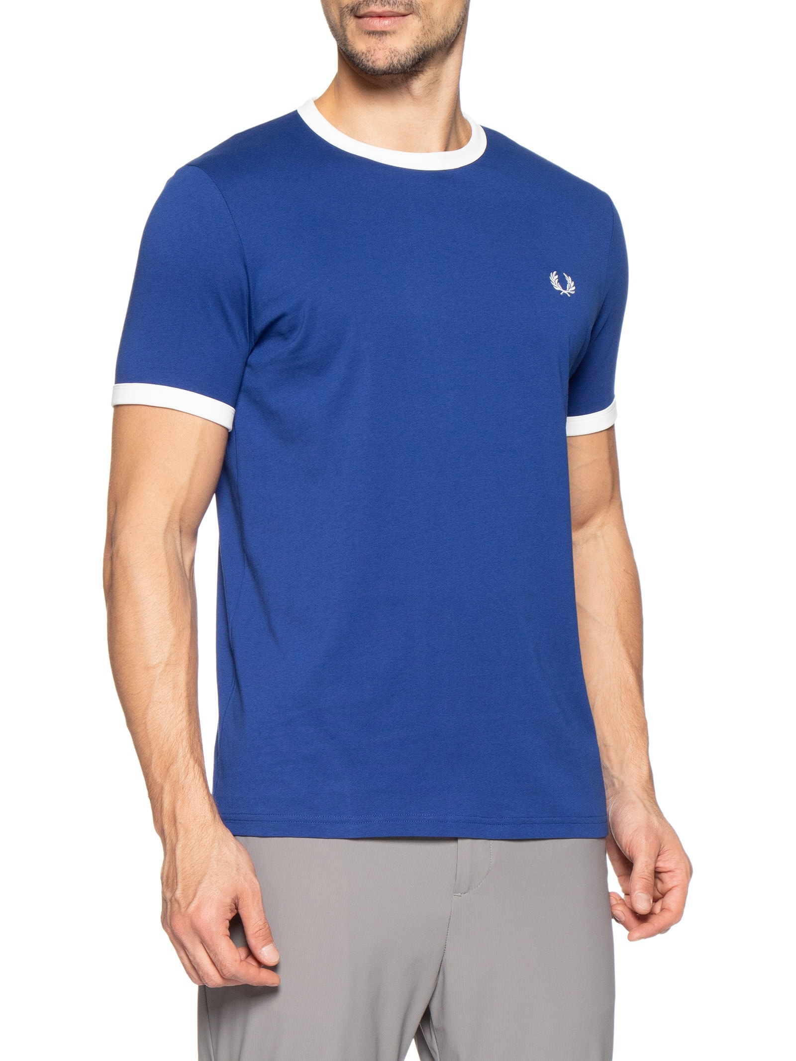 Camiseta Masculina Ringer Regular Fit Em Algodão Azul Fred Perry