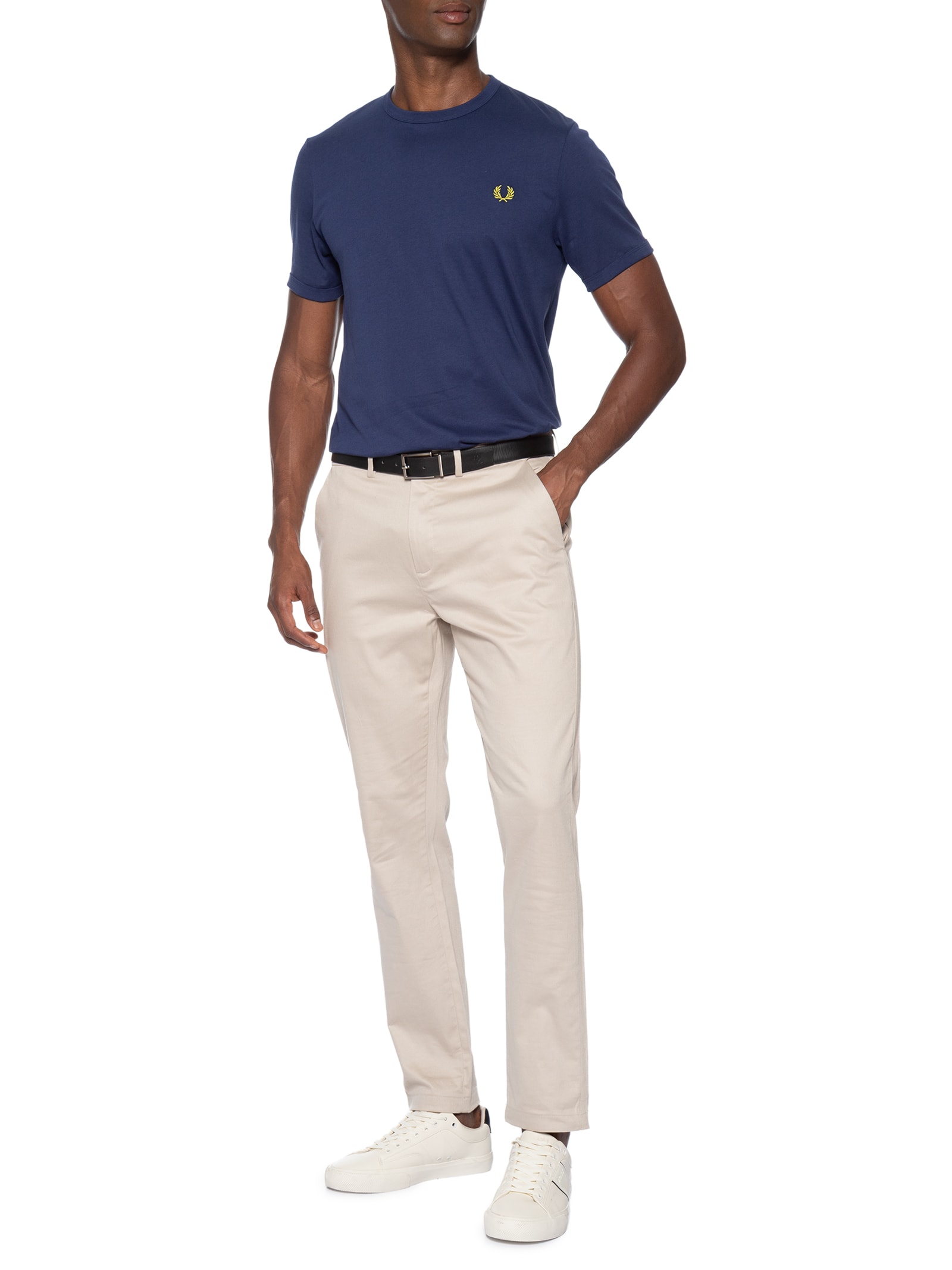 Camiseta Masculina Ringer Regular Fit Punhos E Gola Canelados Azul Fred Perry