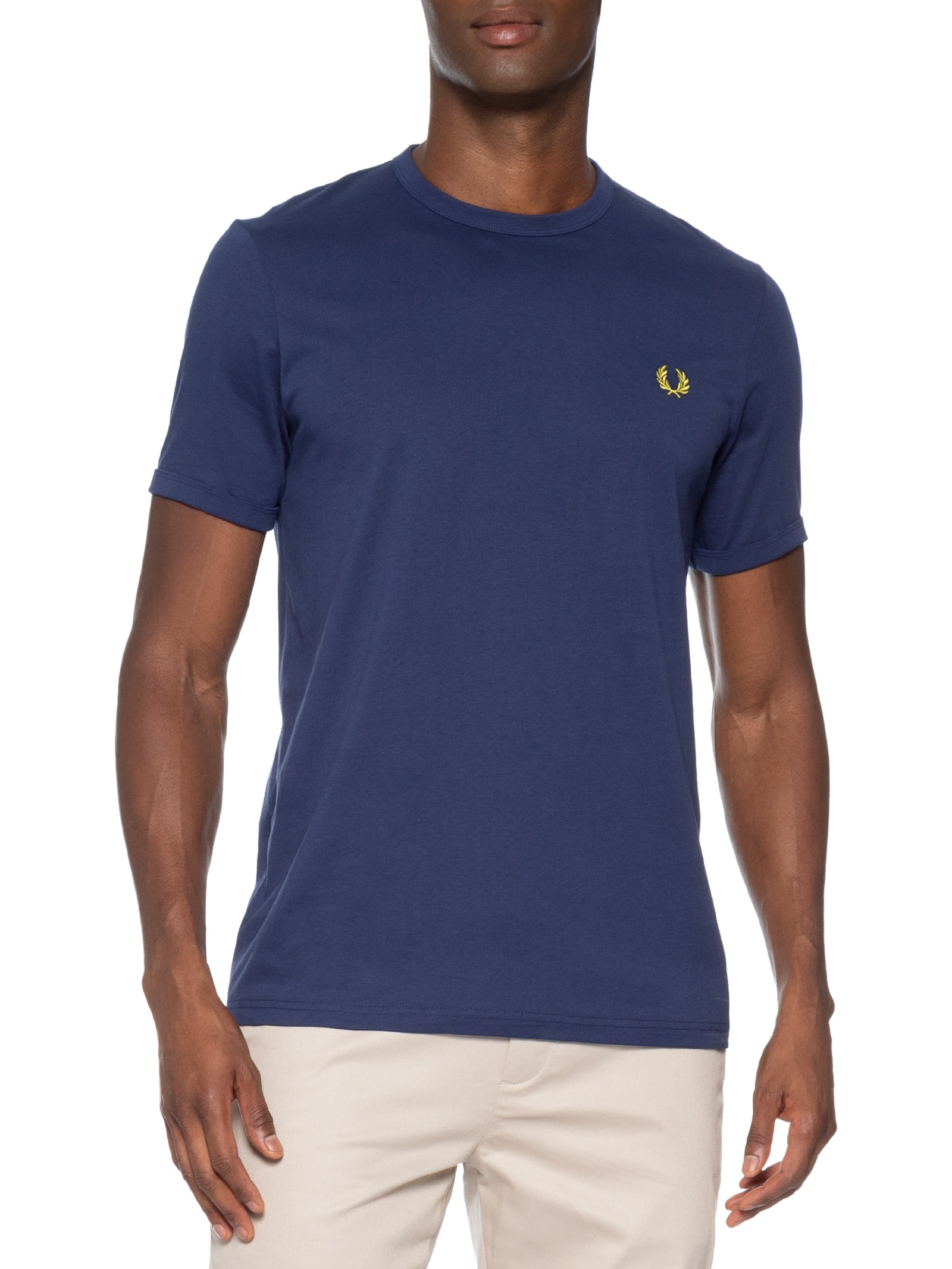Camiseta Masculina Ringer Regular Fit Punhos E Gola Canelados Azul Fred Perry