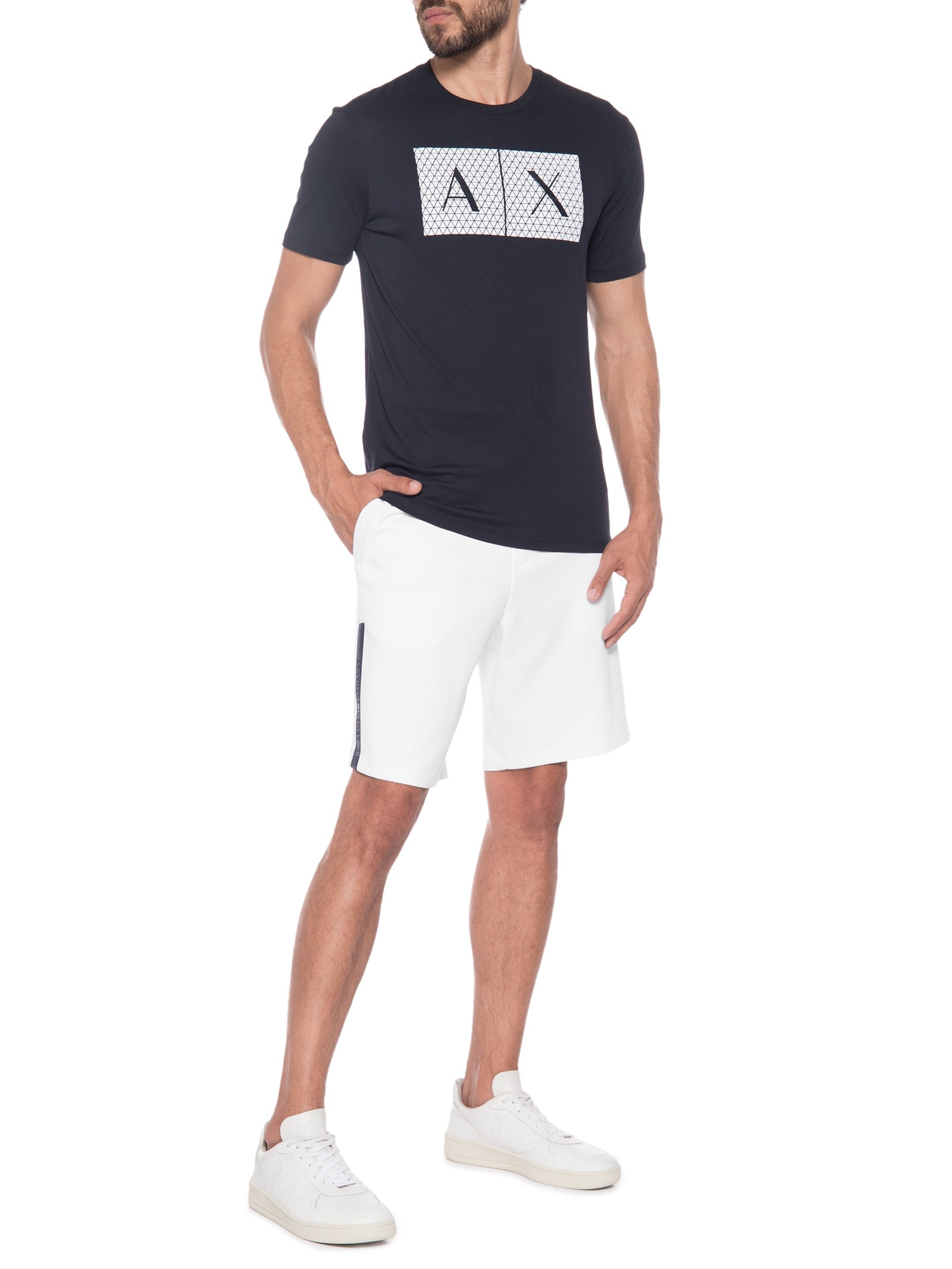 Camiseta Masculina Slim Fit Jersey Com Logo Texturizada Azul Armani Exchange