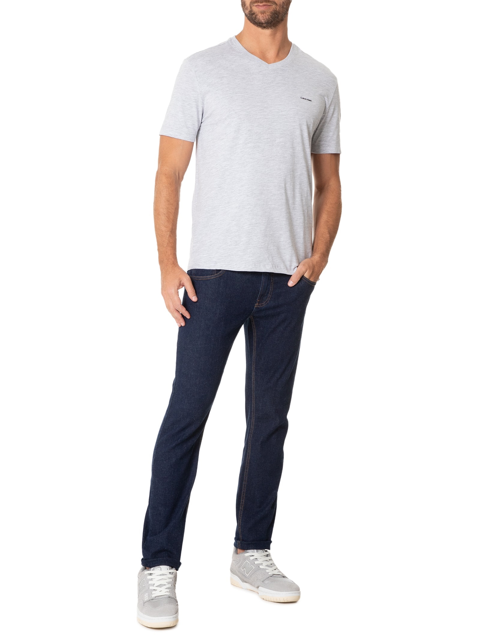 Camiseta Masculina Slim Flamê Gola V Cinza Calvin Klein - White Label