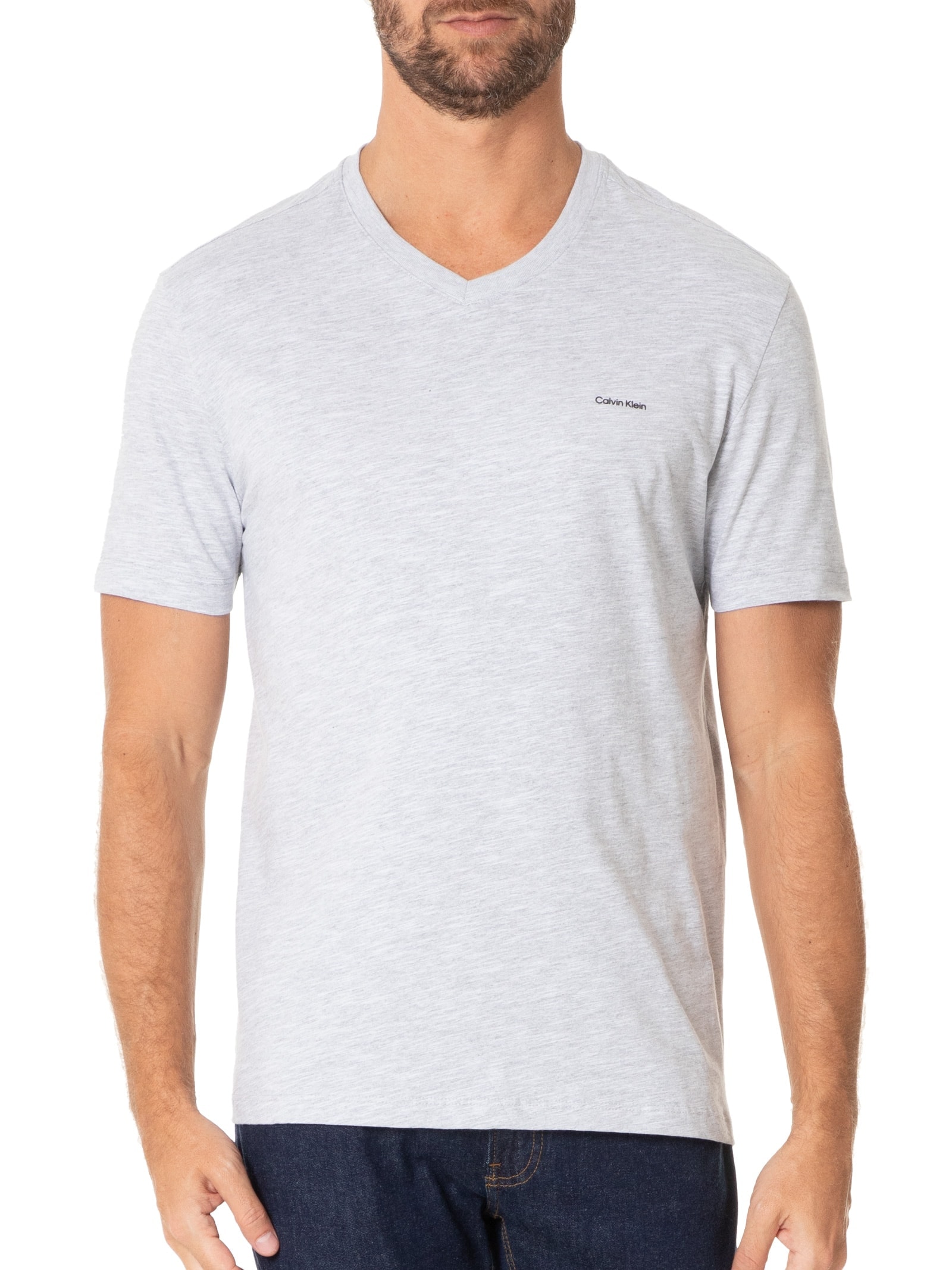 Camiseta Masculina Slim Flamê Gola V Cinza Calvin Klein - White Label