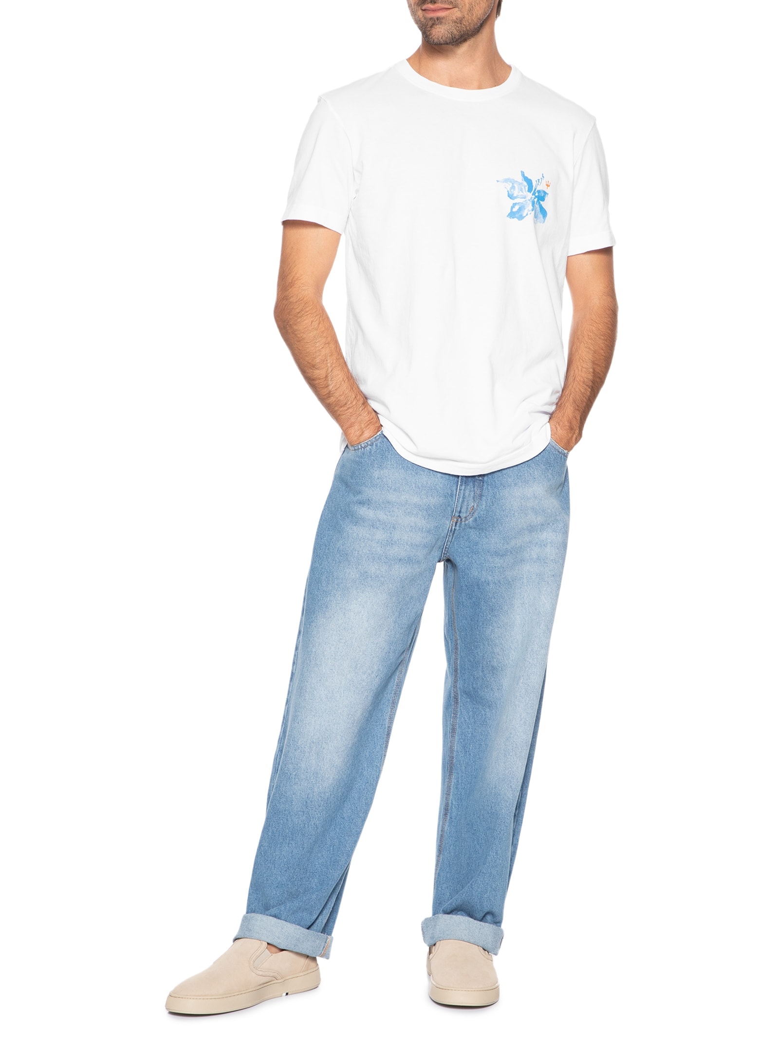 Camiseta Masculina Slim Stone Flor Surf Manga Curta Branco Osklen