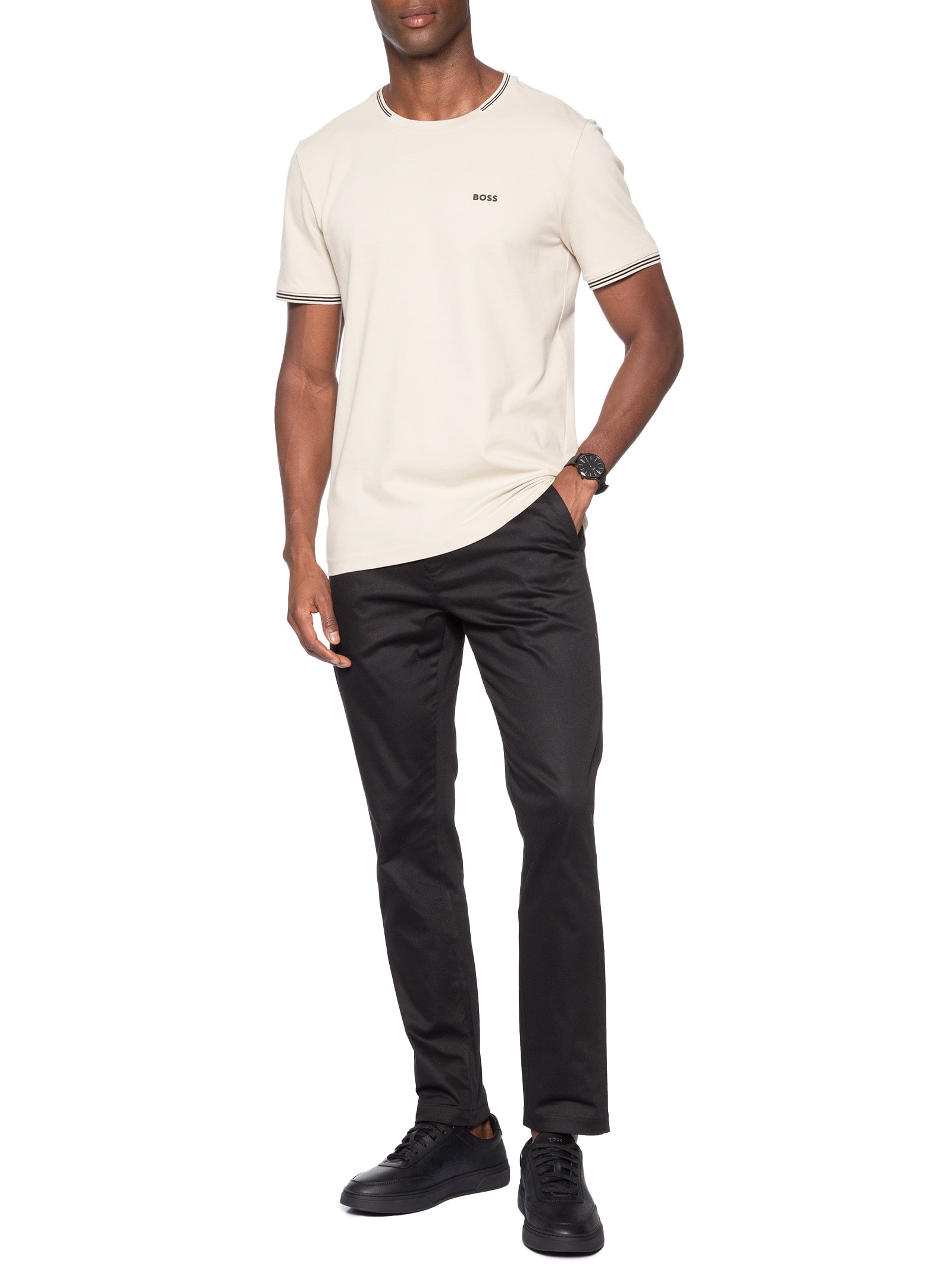 Camiseta Masculina Stretch Cotton Stripes Taul – Bege Boss