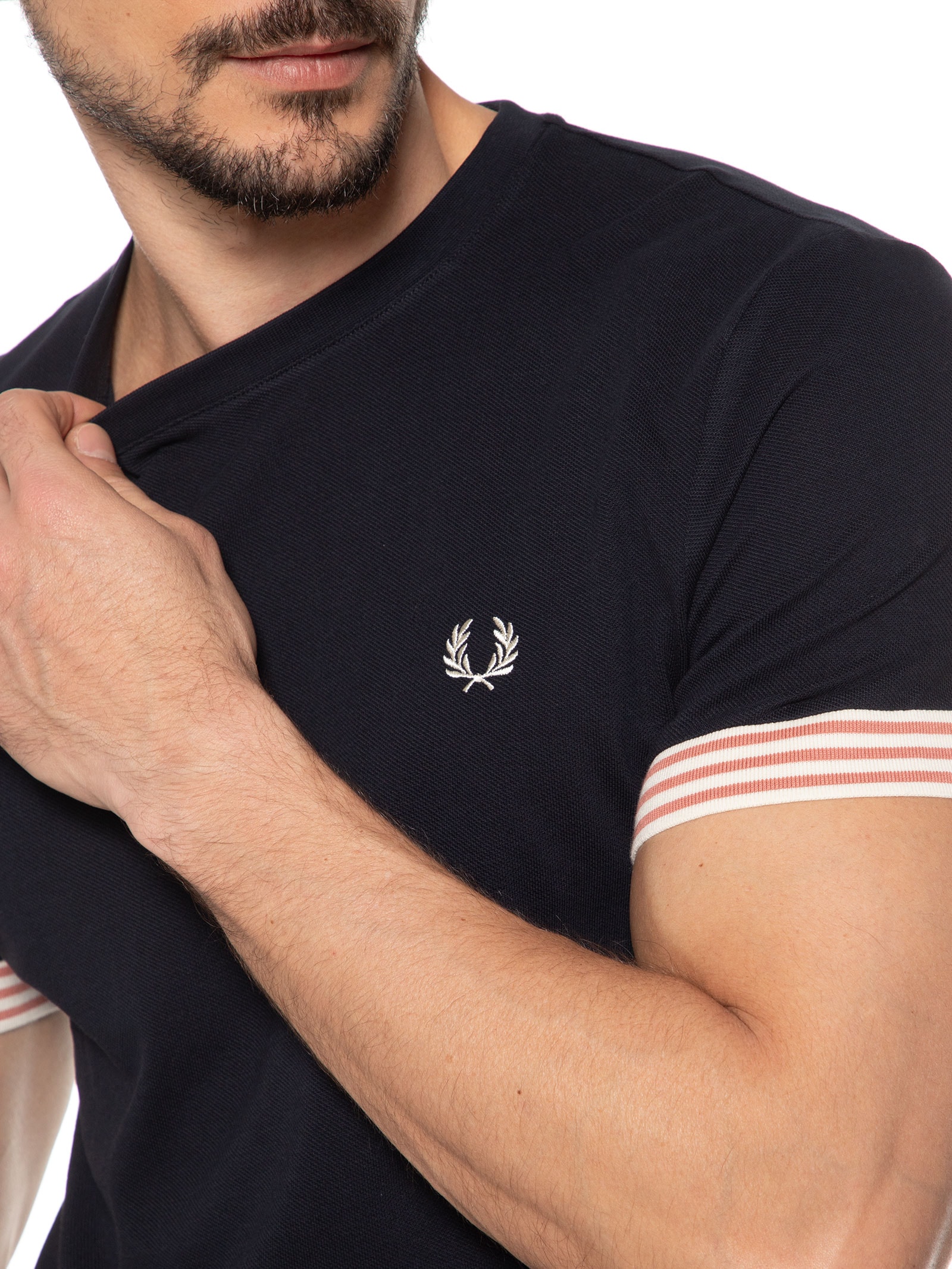 トップス fred perry Fred Perry - Camiseta Masculina Striped Cuff T-Shirt - Azul