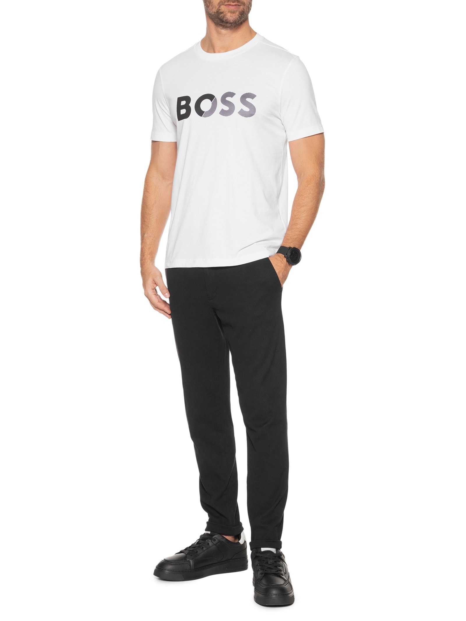 Camiseta Masculina Tee Tape Logo Branco Boss