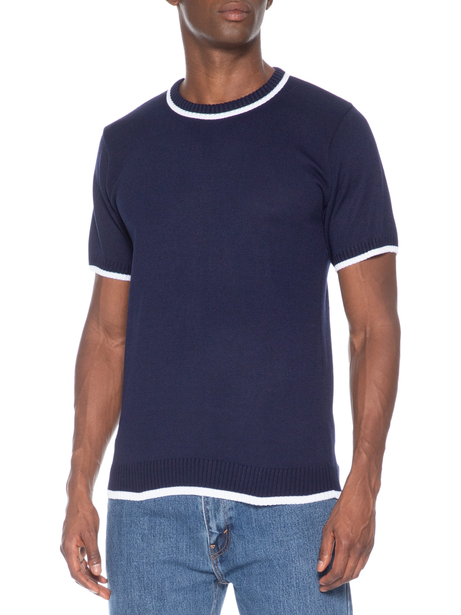 Camiseta Masculina Tricot Com Contraste Branco Azul Basiq Men
