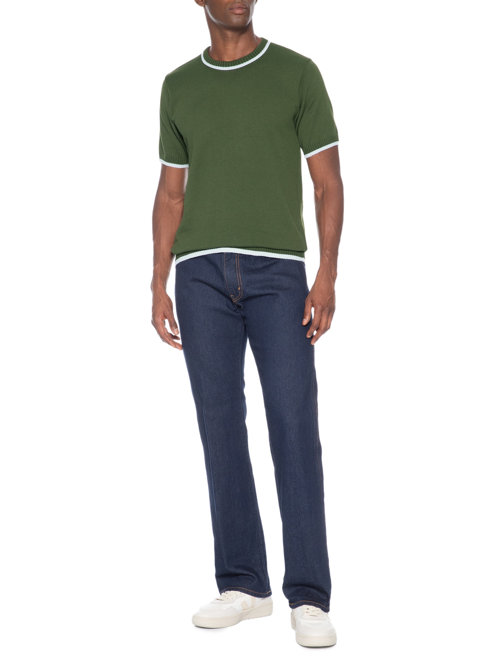 Camiseta Masculina Tricot Com Contraste Branco Verde Basiq Men