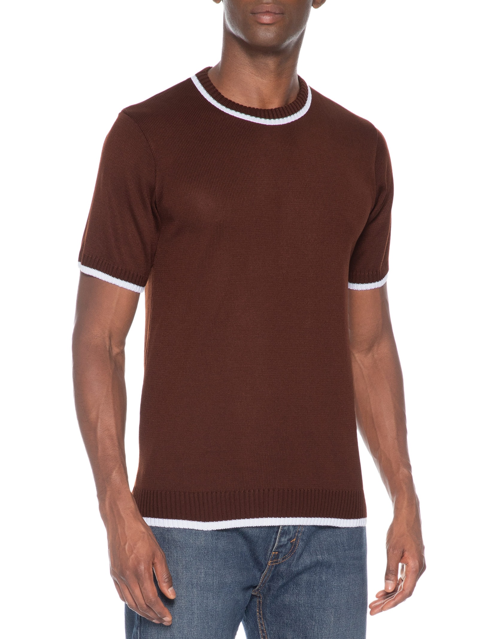 Camiseta Masculina Tricot Com Contraste Branco – Marrom Basiq Men