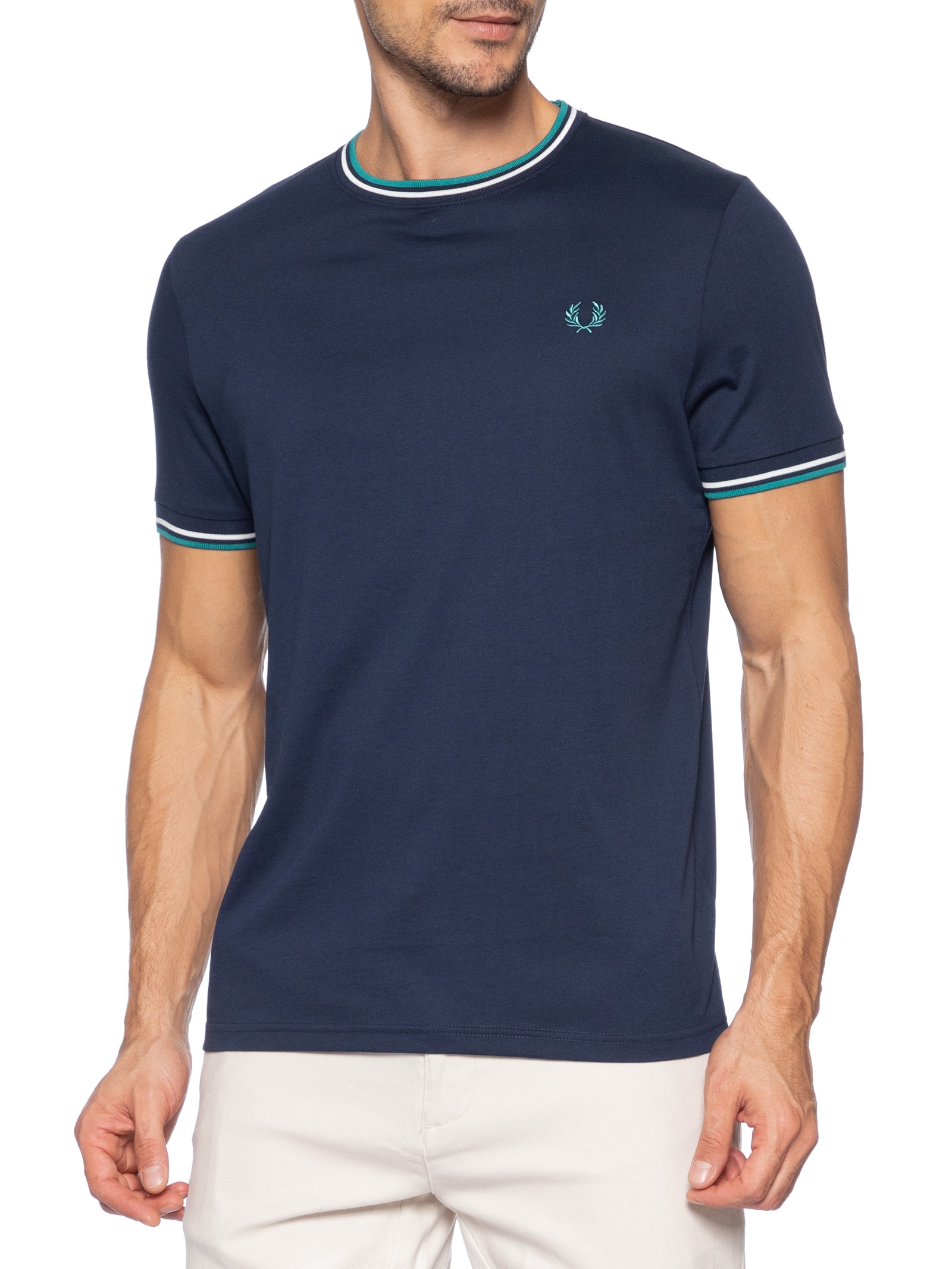 Camiseta Masculina Twin Tipped Regular Fit Em Algodão Azul Fred Perry