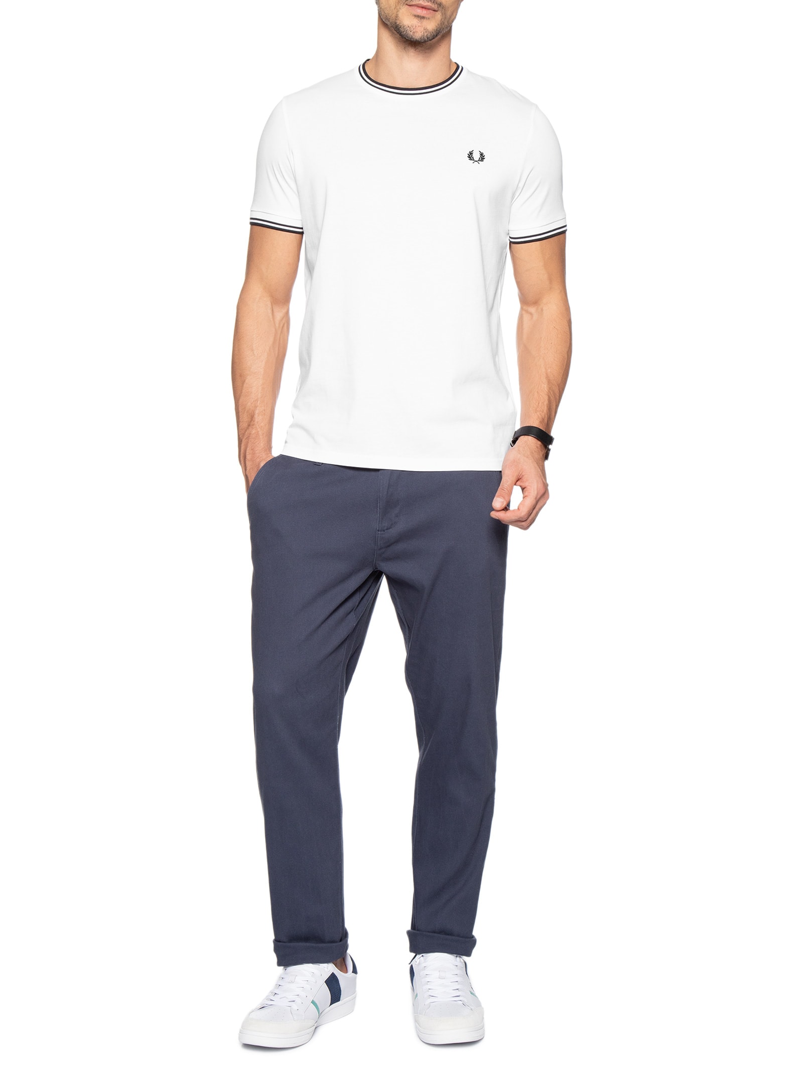Camiseta Masculina Twin Tipped Regular Fit Em Algodão Branco Fred Perry