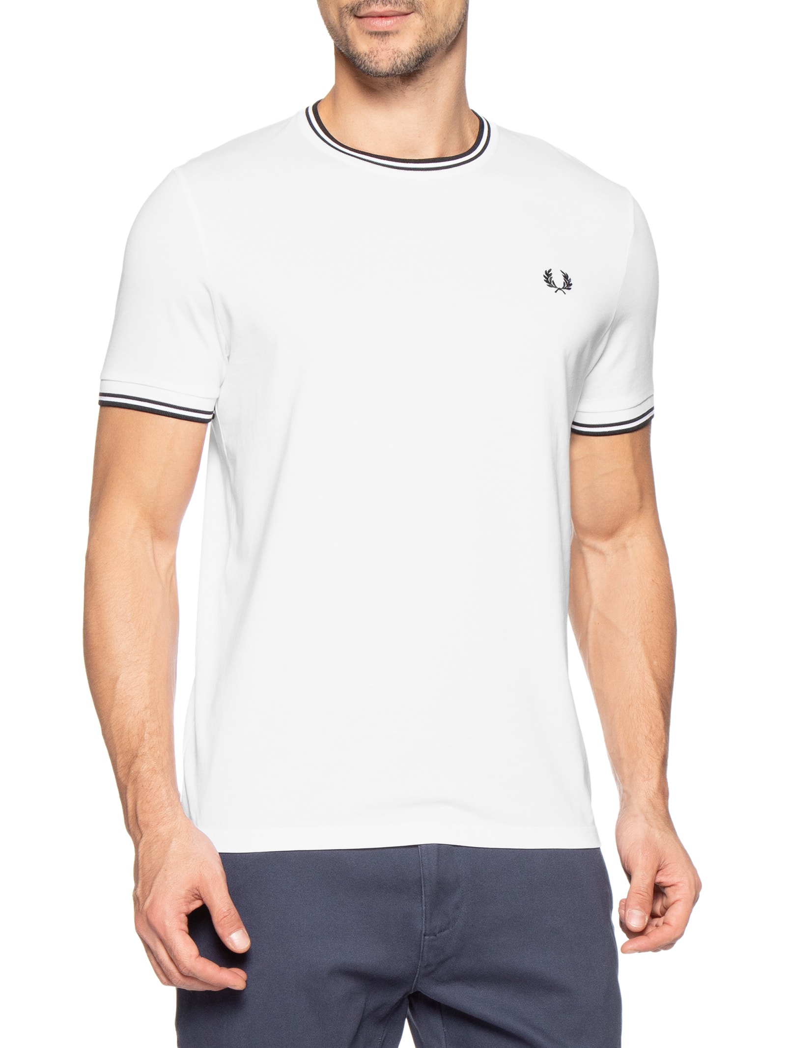 Camiseta Masculina Twin Tipped Regular Fit Em Algodão Branco Fred Perry
