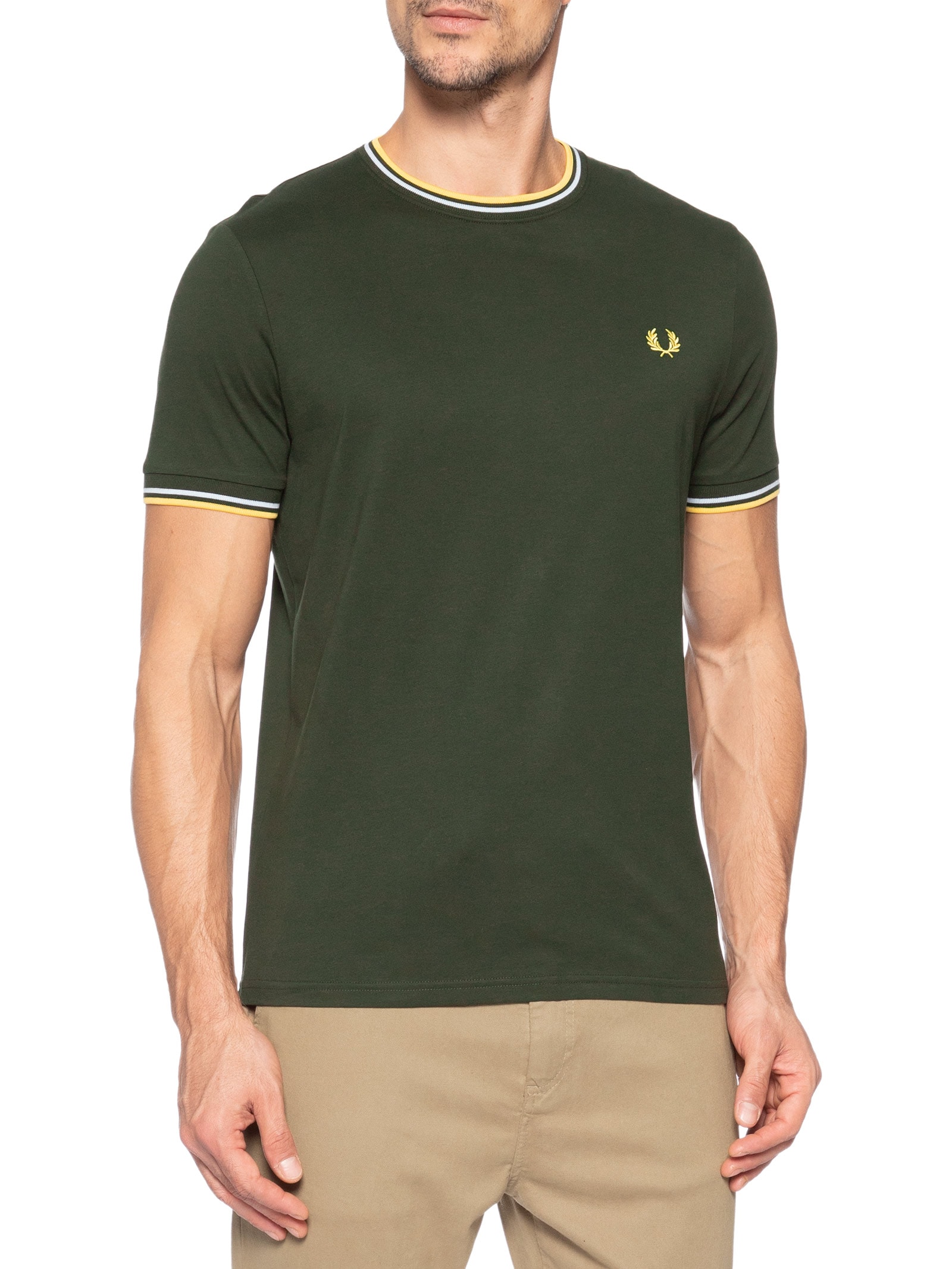 Camiseta Masculina Twin Tipped Regular Fit Em Algodão Verde Fred Perry