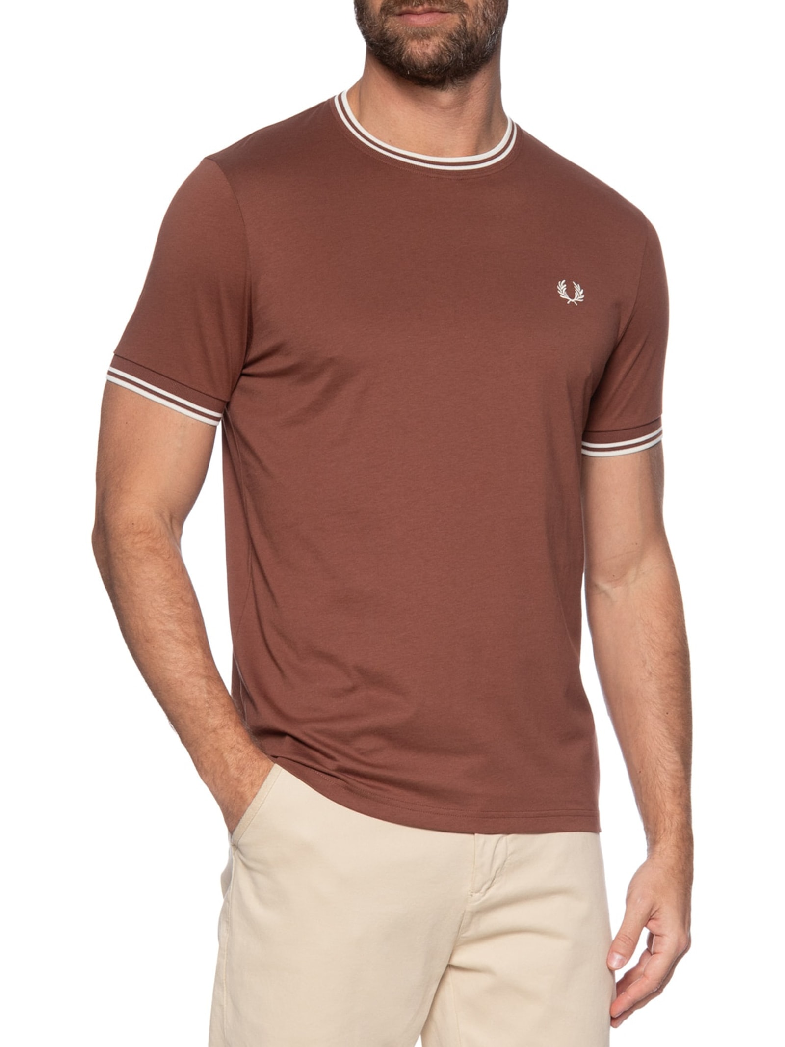 Camiseta Masculina Twin Tipped Regular Fit Marrom Fred Perry
