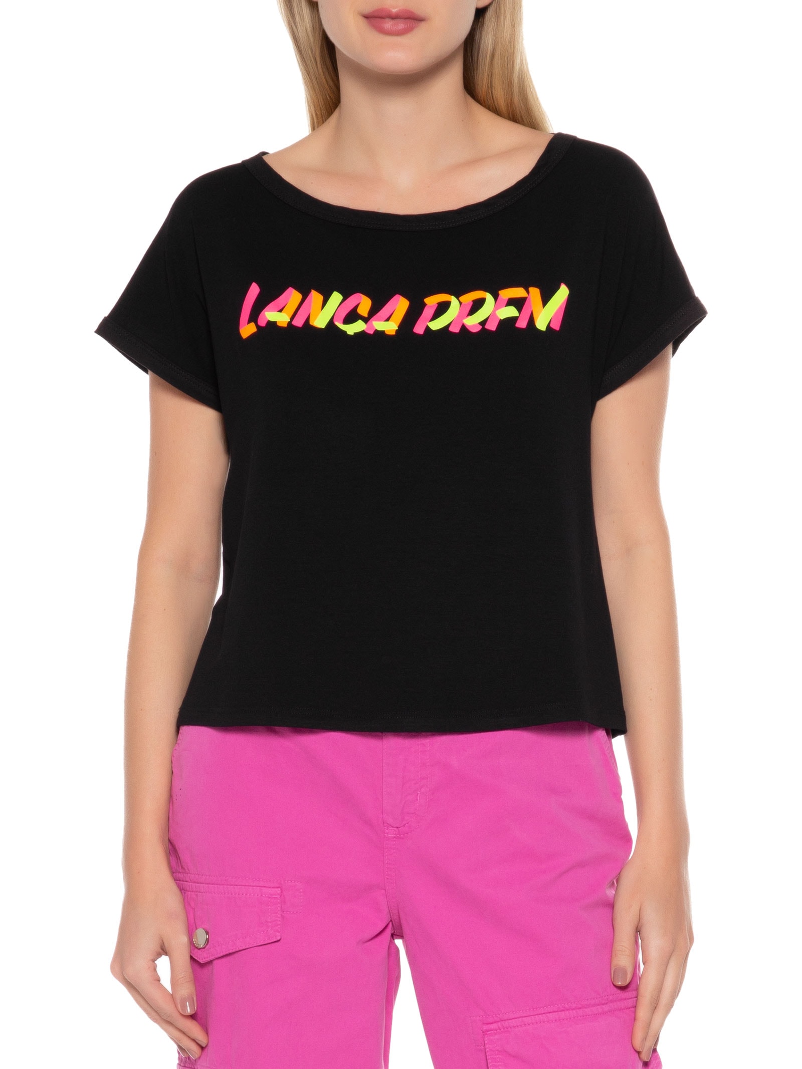 Camiseta Ombro Descolado Silk Frontal Preto Lança Perfume