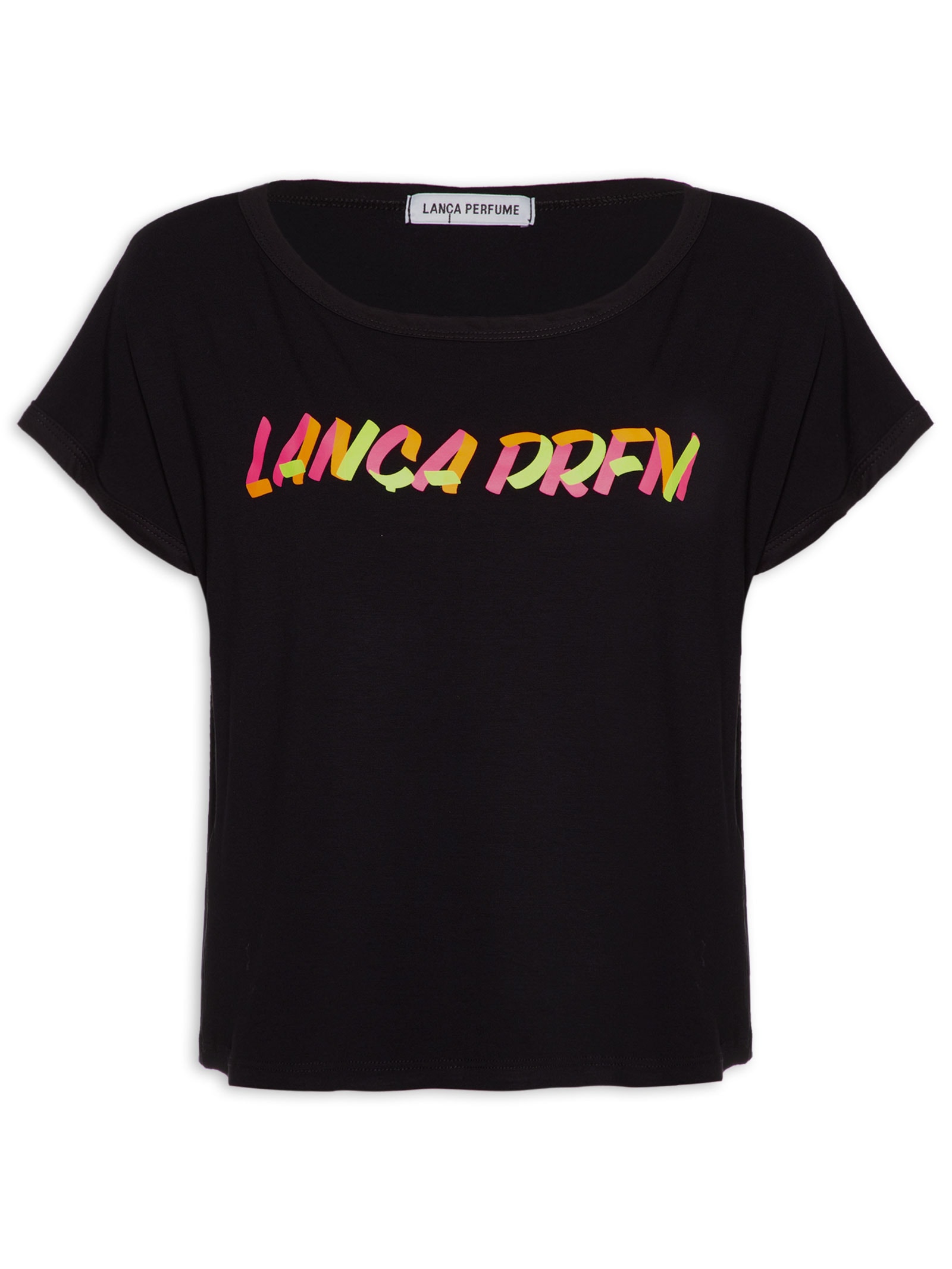 Camiseta Ombro Descolado Silk Frontal Preto Lança Perfume