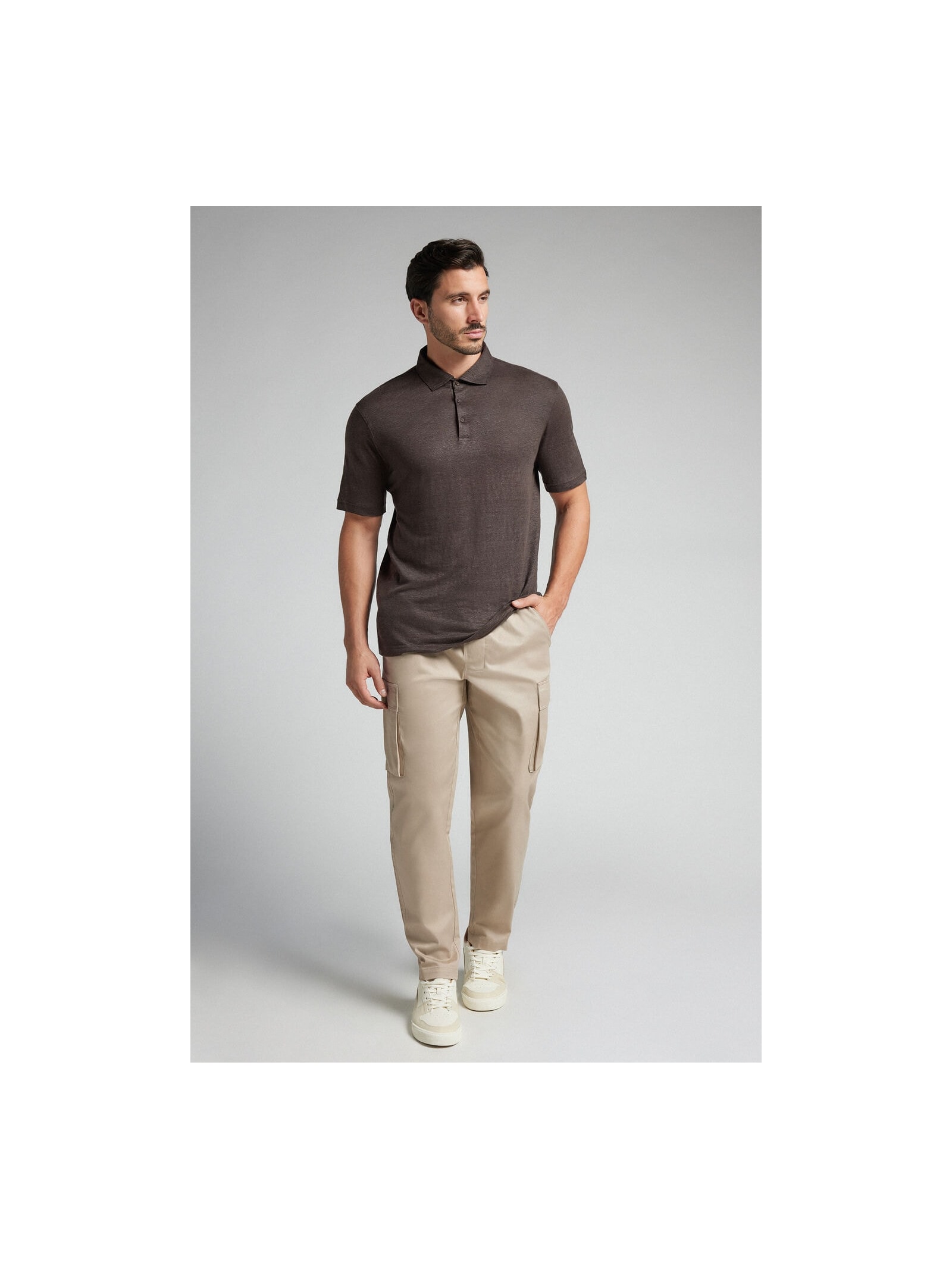 Camiseta Polo De Manga Curta Em Linho Marrom Intimissimi